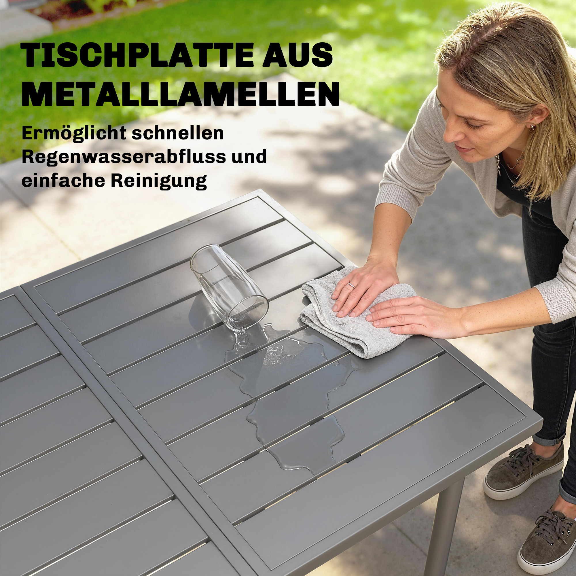 Gartentisch 165 x 80 cm für 6 Personen Esstisch mit Lamellen-Tischplatte Stahlrahmen, Rechteckig