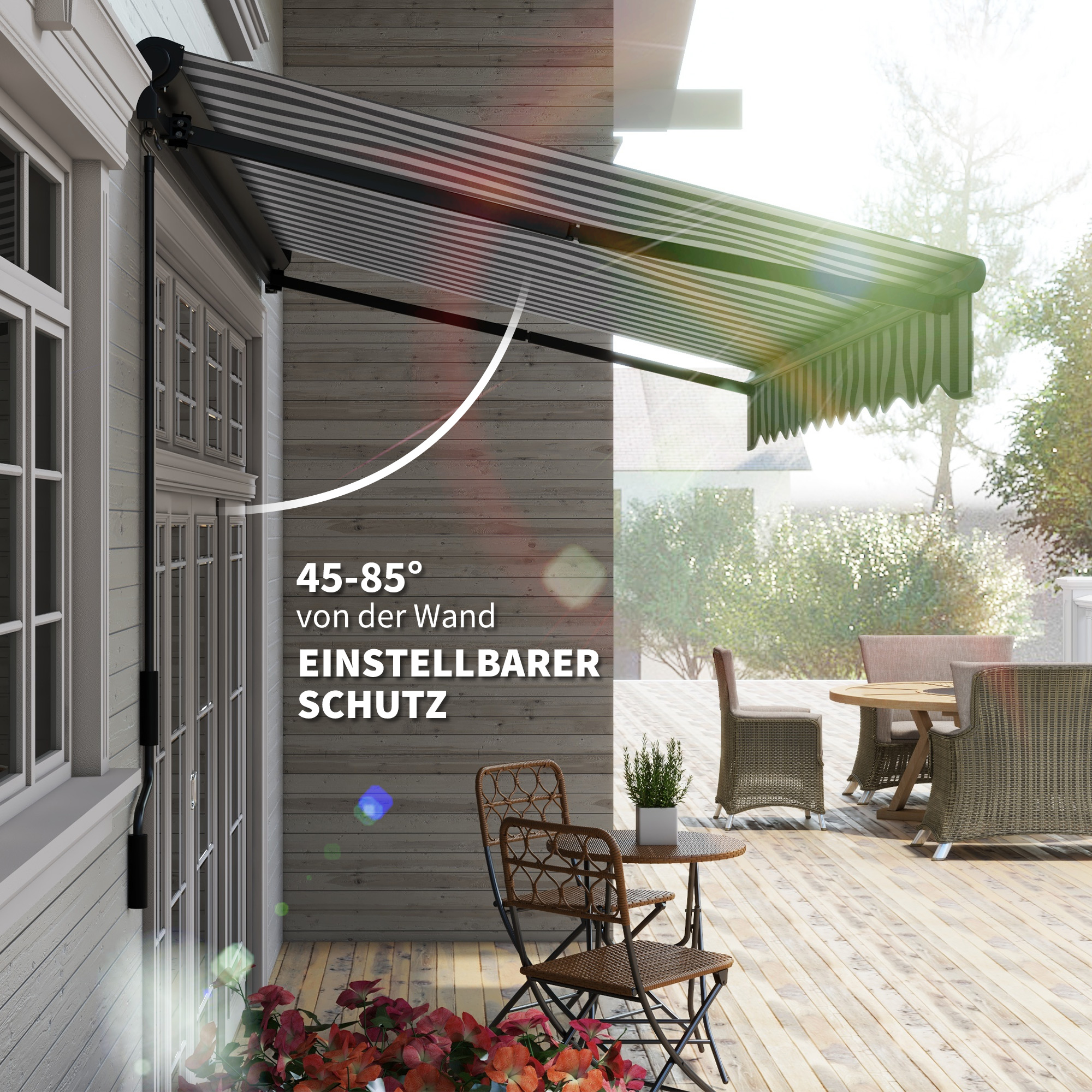 Sonnenmarkise Markise Terrassenmarkise, wetterbeständig, 1 Handkurbel, 395 x 250 x 150 cm, Grau + Weiß