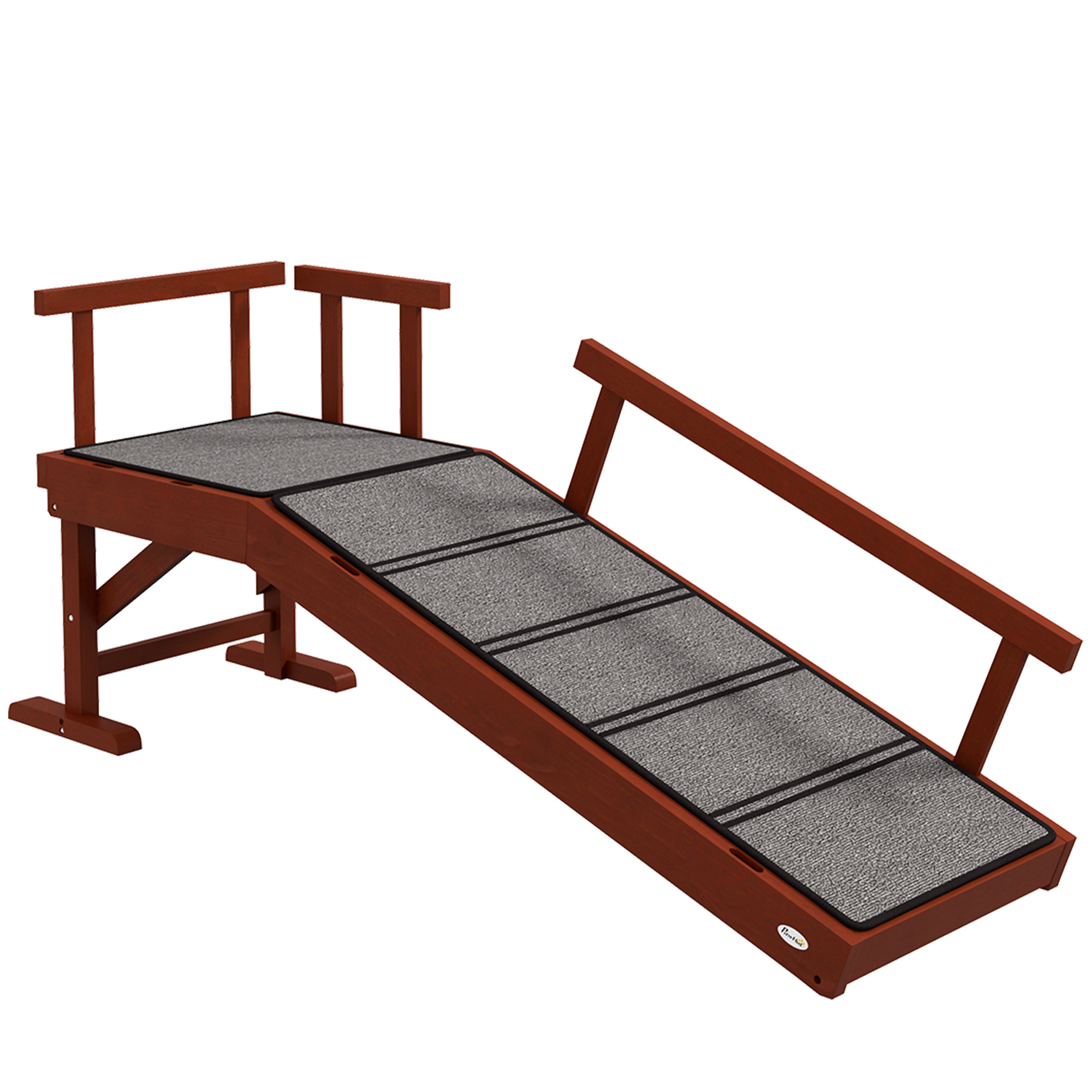 Hunderampe, abnehmbare Geländer, rutschfest, Holz, bis 30 kg, 125x40x56cm, Braun/Grau