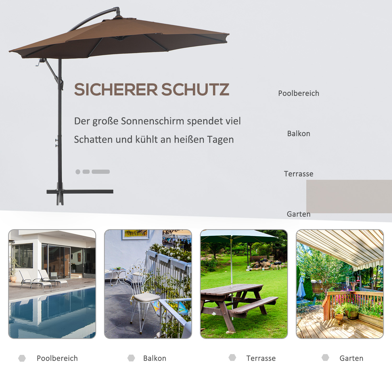 Sonnenschirm mit Kurbel Wetterbeständig 3 m x 3 m x 2,5 m Stahl Polyester Kaffee