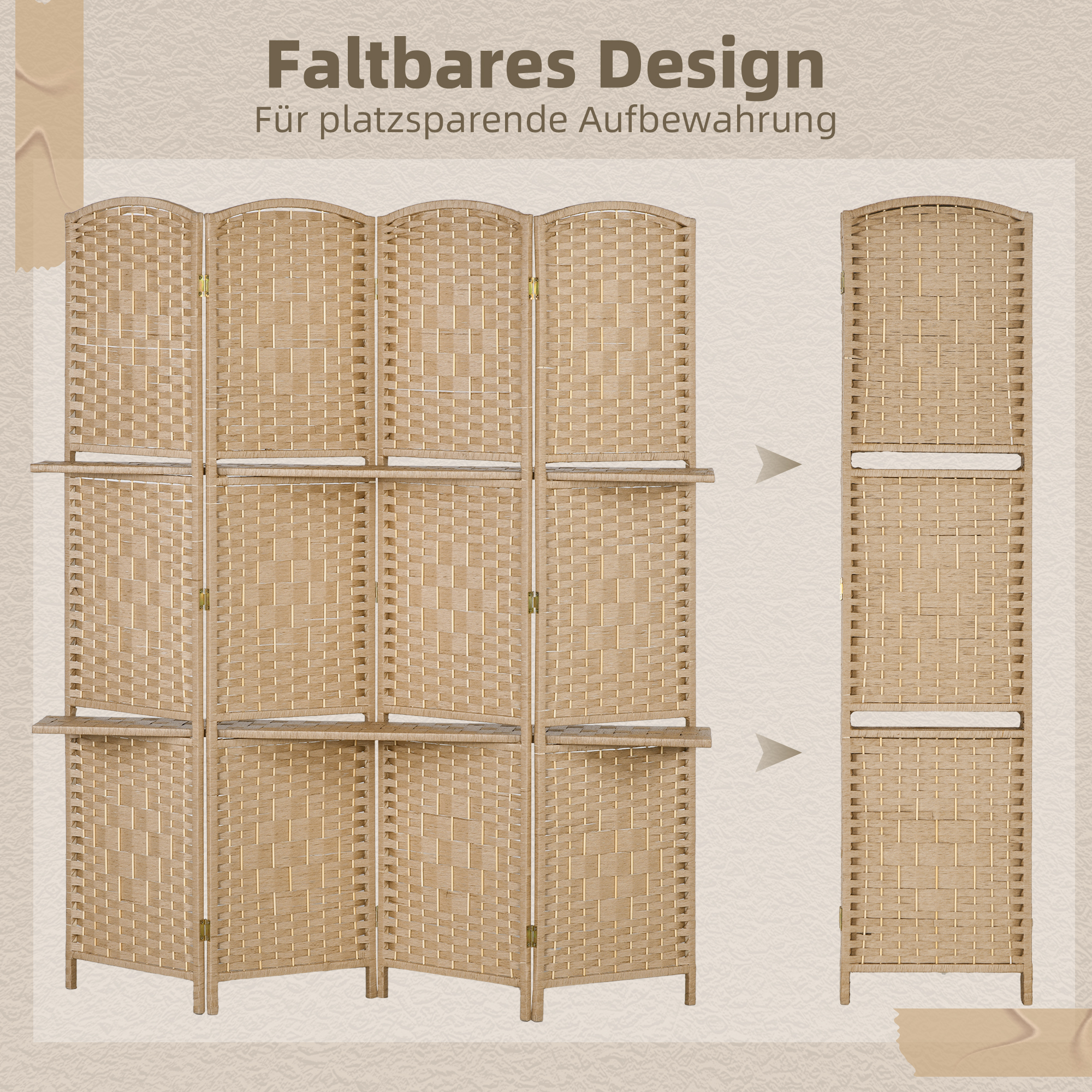 4-teiliger Raumteiler, 160 x 170 cm, faltbare Trennwand mit 2 Regalen