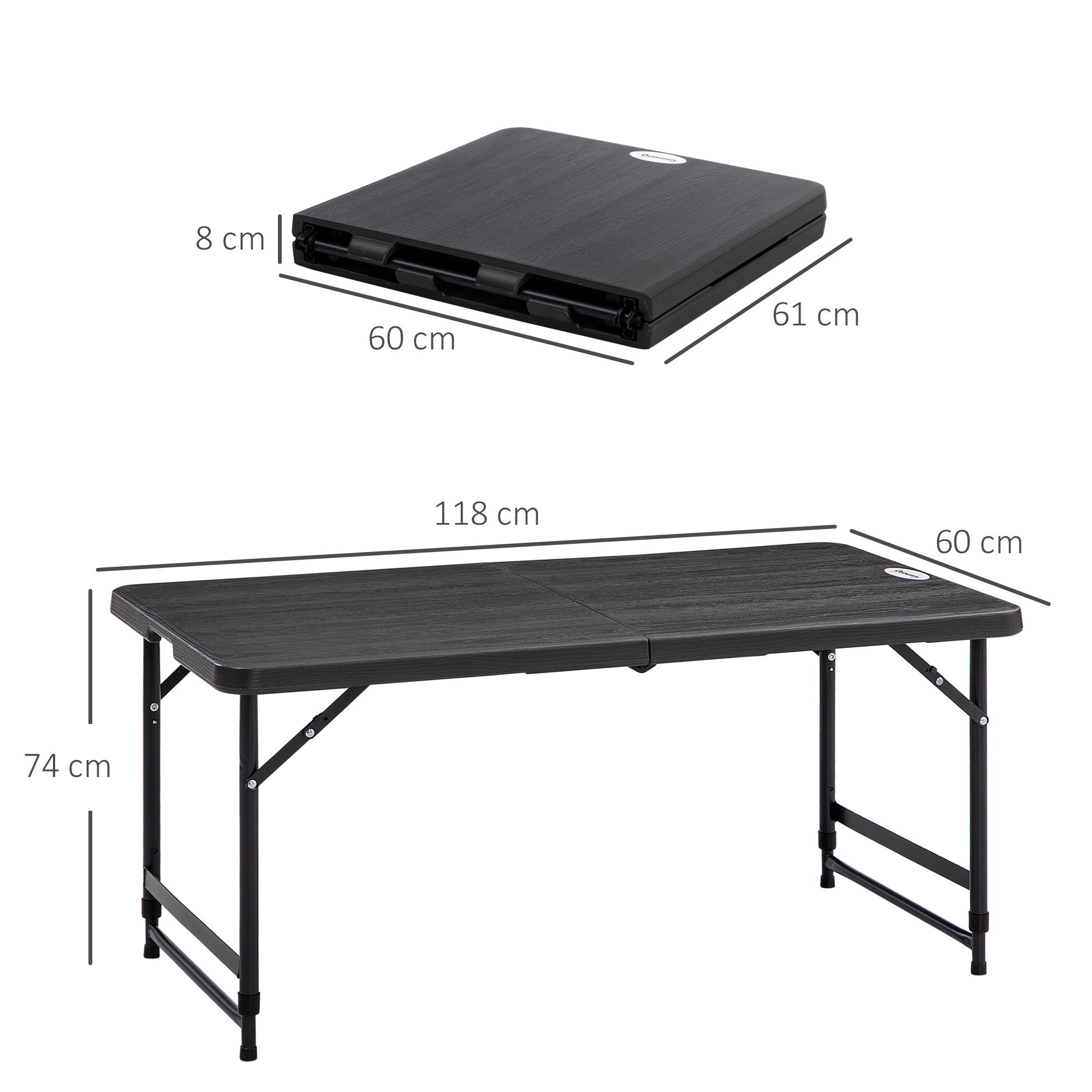 Outdoortisch, Gartentisch, für 4 Pers., klappbar, höhenverstellbar, Holzoptik, grau+schwarz, 118 x 60 x 74 cm
