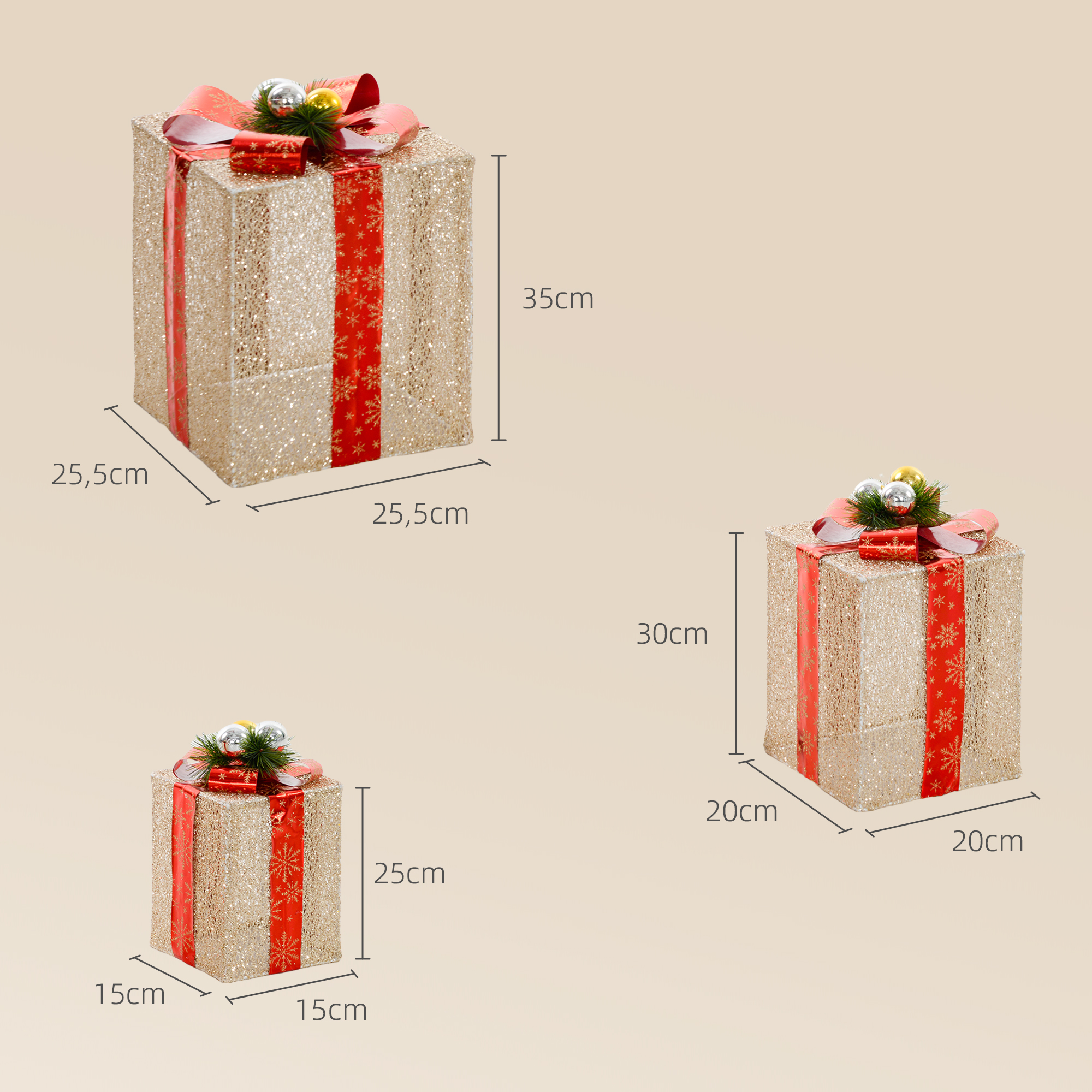 3-teiliges Weihnachts-Geschenkboxen-Set für Innen- und Außendekoration, mit 58 LED-Lichtern, Goldton