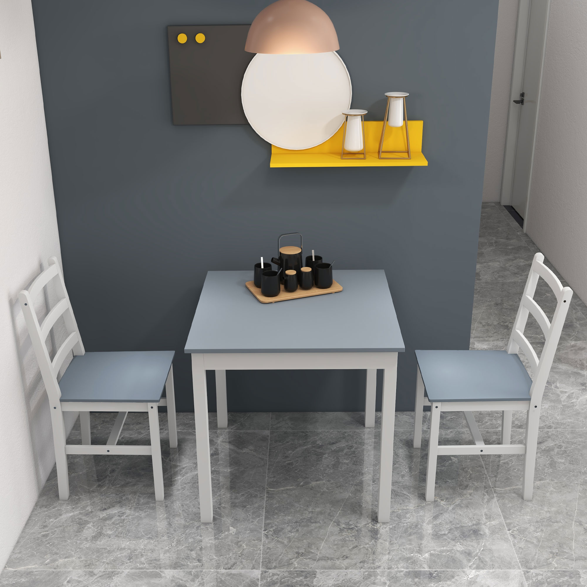 Essgruppe für 2 Personen, 2 Stühle, 1 Tisch, Kiefernholz, Weiß + Grau