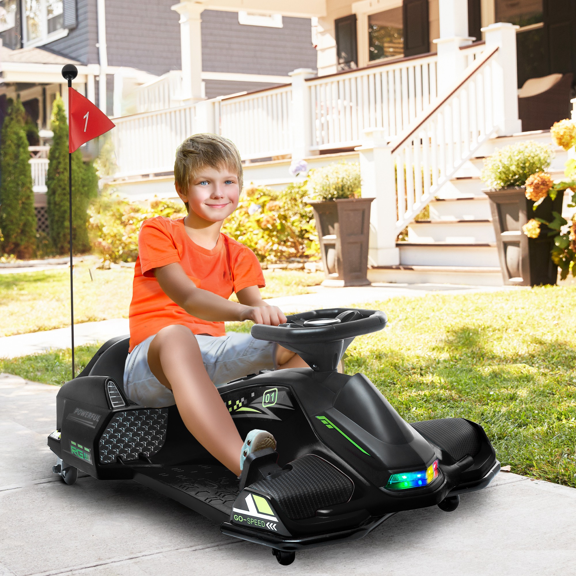 Elektrisches Go-Kart für Kinder, Gummiräder, 3-8 km/h, mit Lichtern und Musikfunktion, Schwarz