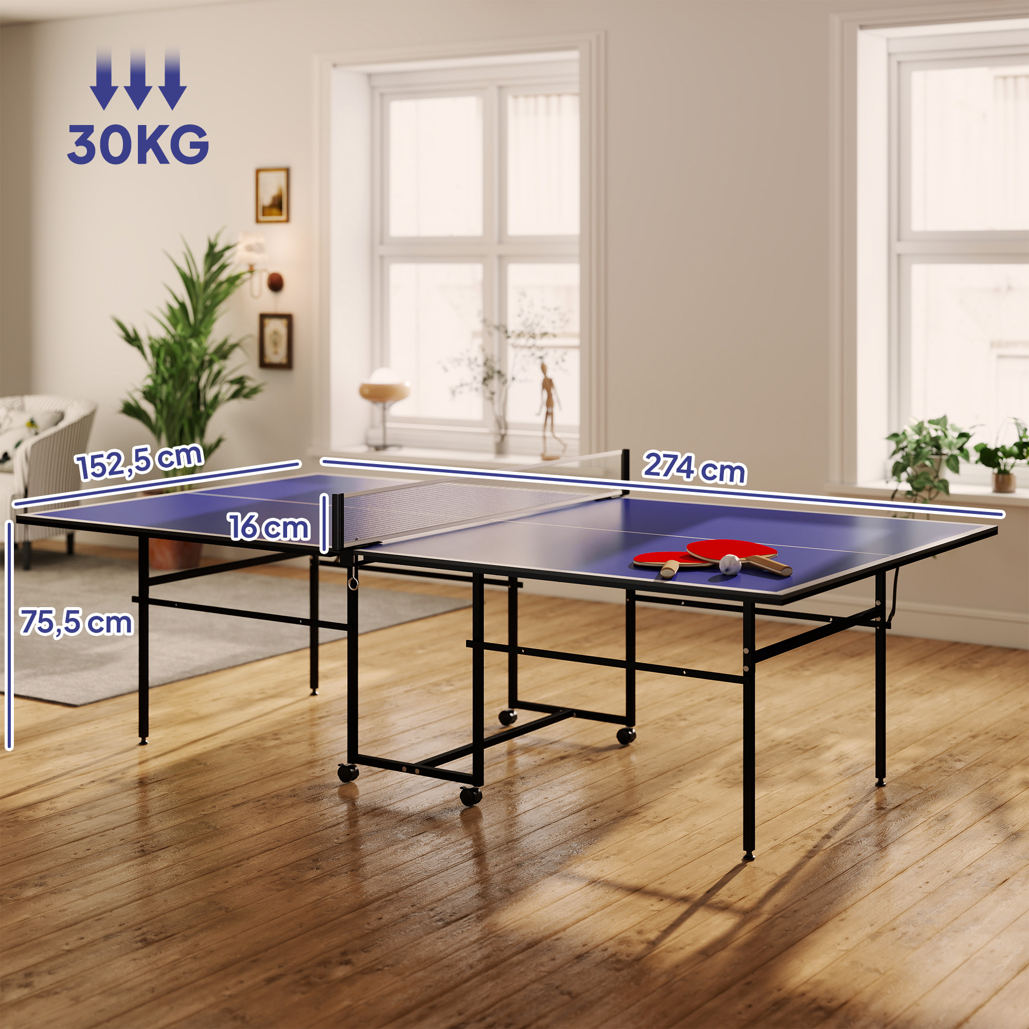 Tischtennisplatte, klappbar, mobil, 2 Schläger, 3 Bälle, Metallrahmen, 274x152,5x76 cm, Blau