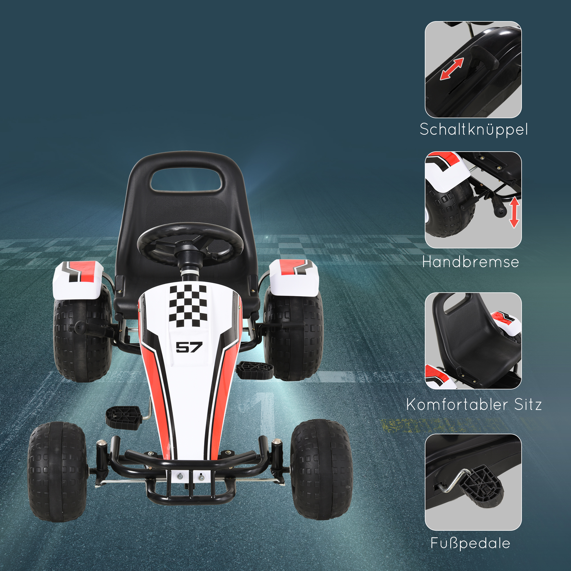Go Kart Kinderfahrzeug Tretauto mit Pedal Bremsen Kinderspielzeug für 3-6 Jahre Stahl Weiß 104 x 66 x 57 cm
