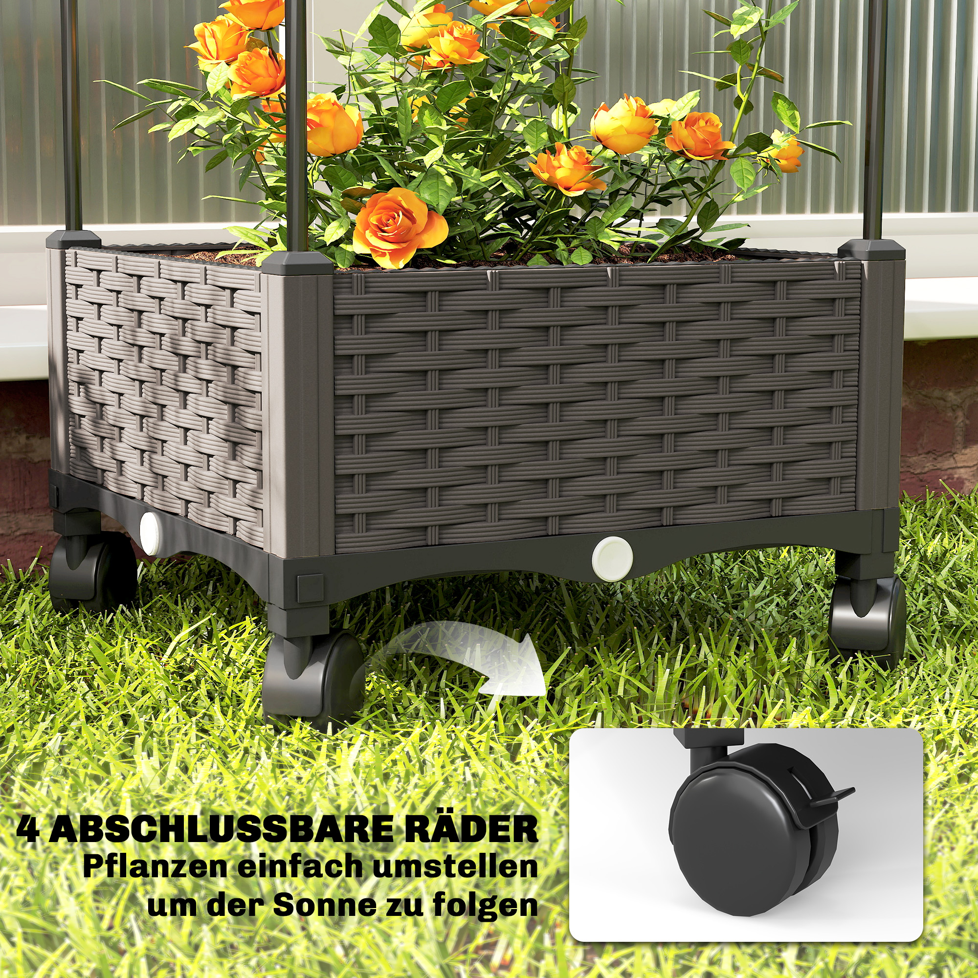Hochbeet mit Rankgitter mobiler Blumenkasten mit Rolle Abflussloch, Pflanzkasten 40 x 40 x 185 cm