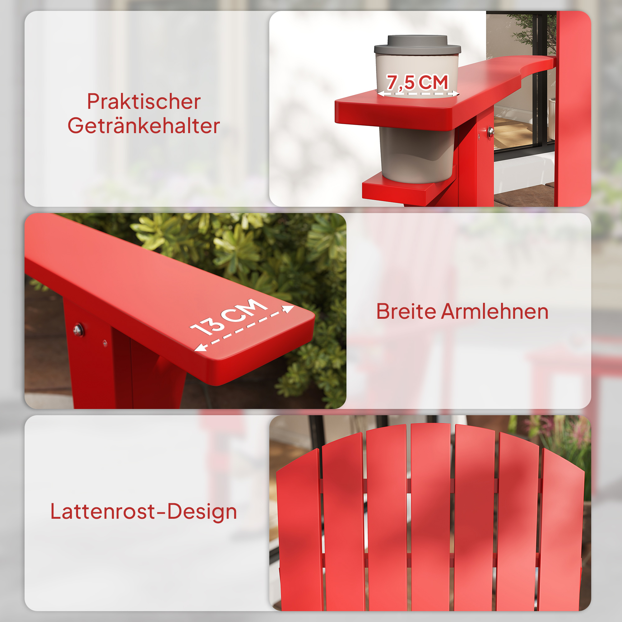 Andirondack Gartenstuhl Gartensessel Outdoor-Sessel, 72 cm x 97 cm x 92 cm, Rot