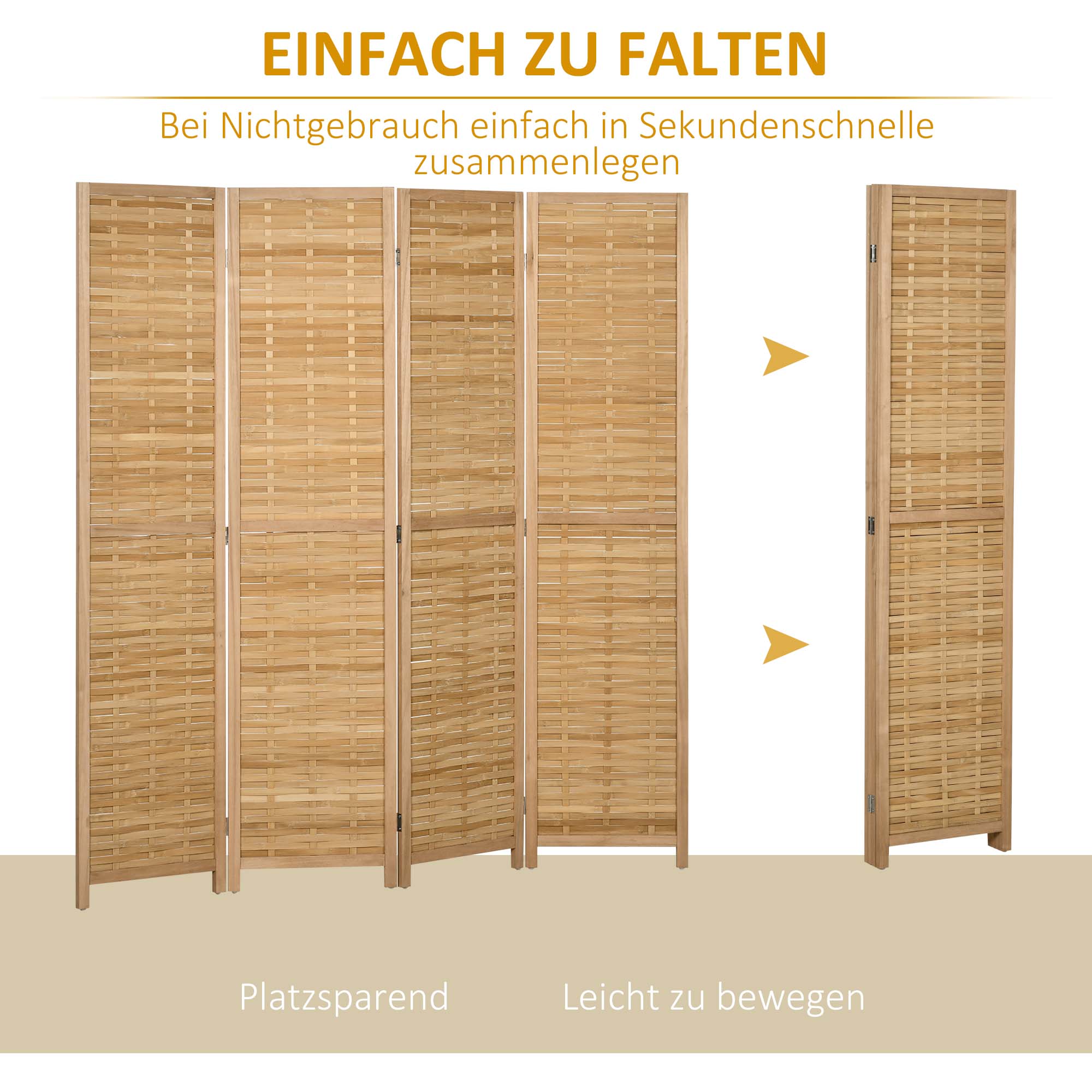 4-teiliger Raumteiler, 160 x 170 cm Faltbarer Sichtschutz aus Bambus für Wohnzimmer, Schlafzimmer, Natur
