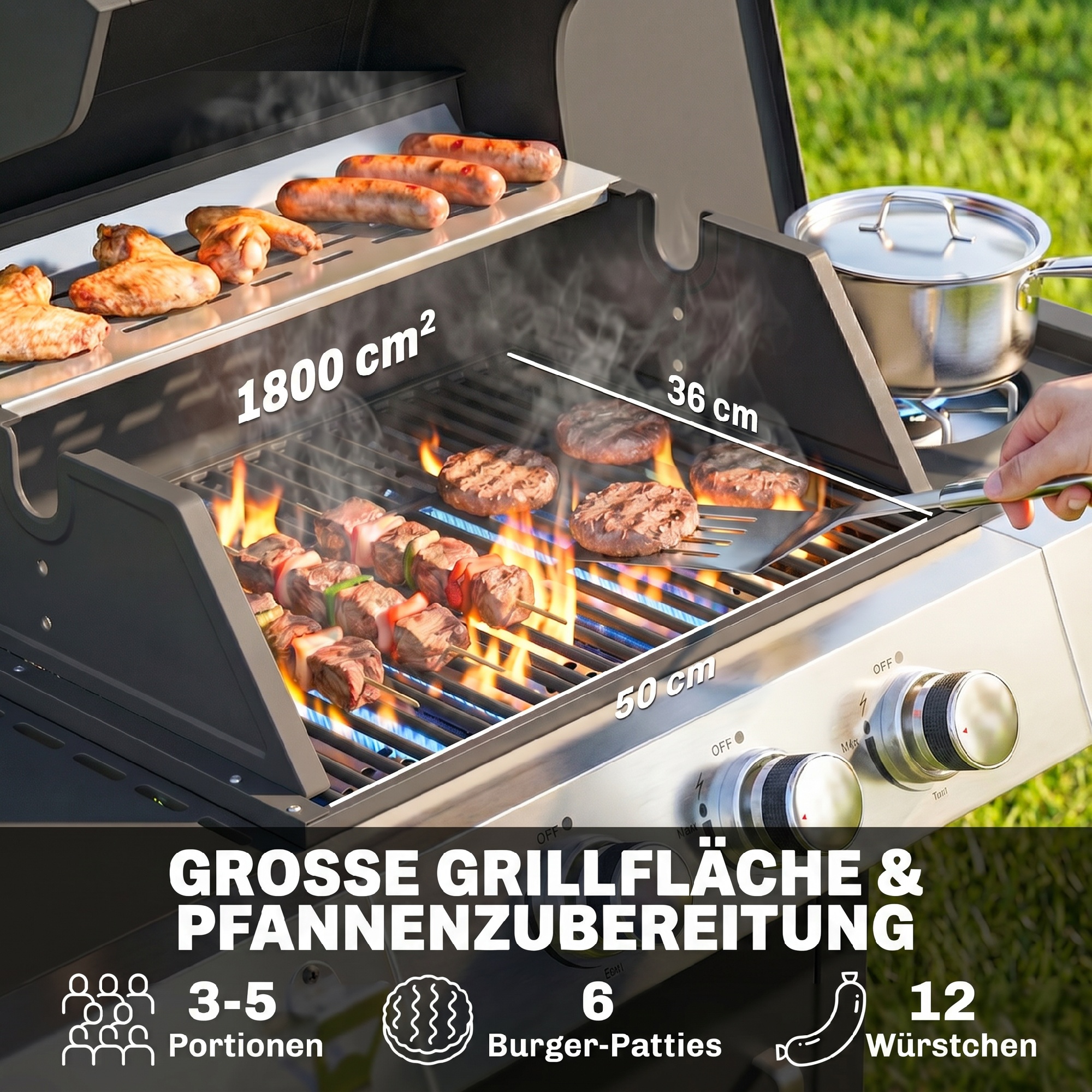 Gasgrill 10,5 KW 3+1 Brenner BBQ Grillwagen Edelstahl inkl Seitenbrenner Flaschenöffner Thermometer Gusseisen-Grillrost