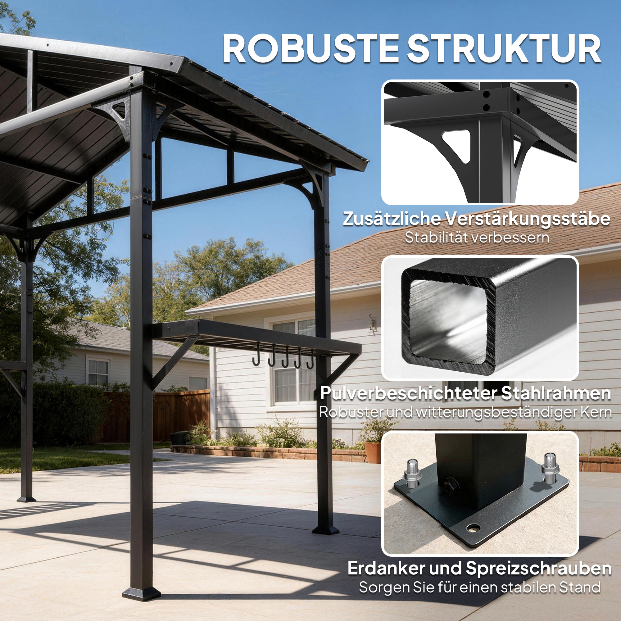 Grillpavillon 2,52 x 1,56 m, Wasserdicht Grill Pavillon mit Satteldach Seitenablage Haken Stahlrahmen Schwarz