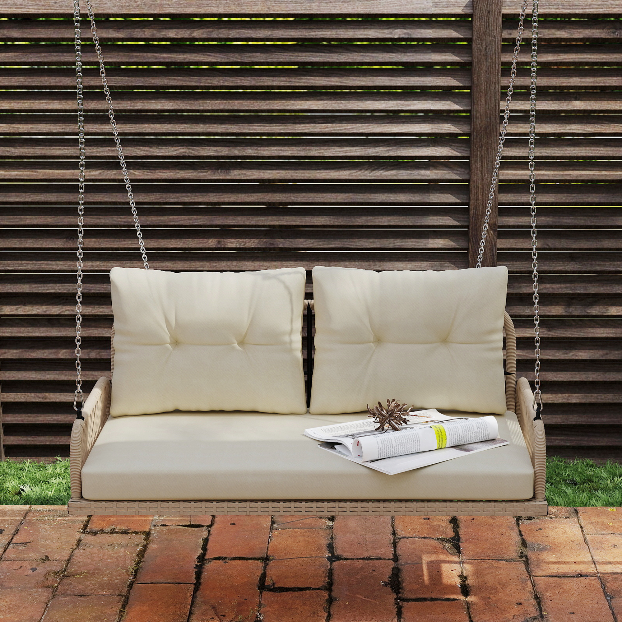 Hollywoodschaukel 2-Sitzer Rattan Gartenschaukel mit Kissen Ketten bis 240 kg 115 x 66 x 44 cm Beige