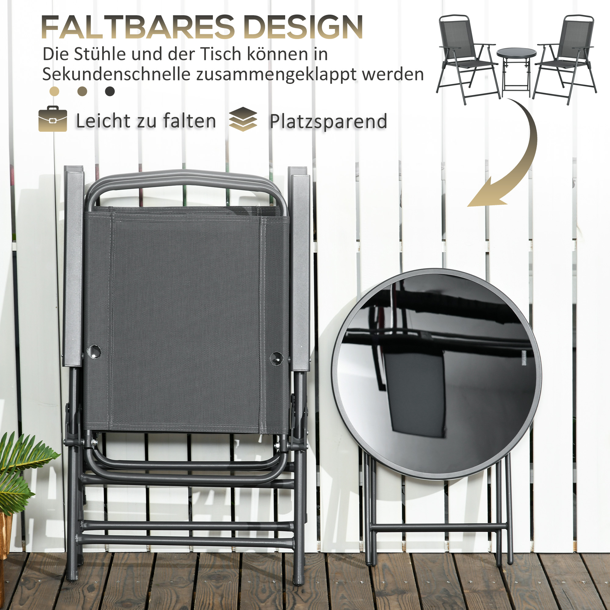 Bistro-Set 3-teilig aus Metall Wetterfest Gartenmöbel Set mit klappbar Glastisch Gartenstühlen Dunkelgrau
