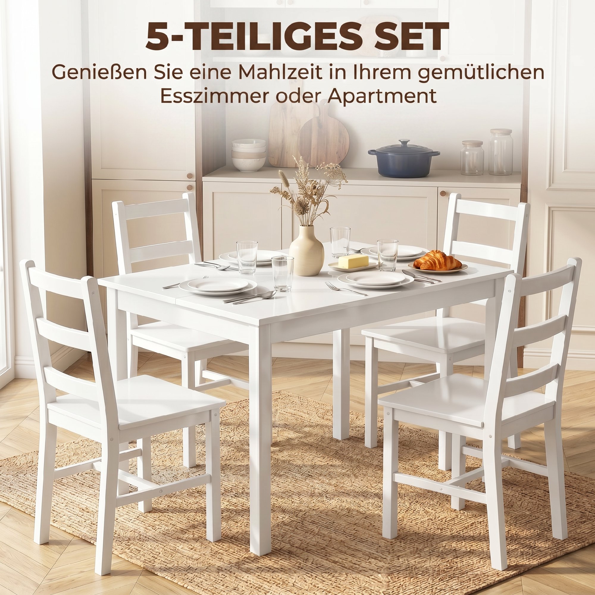 5-teiliges Esszimmer-Set für 4 Personen, rechteckiger Esstisch und Stühle aus massivem Holz, für kleine Räume, Weiß