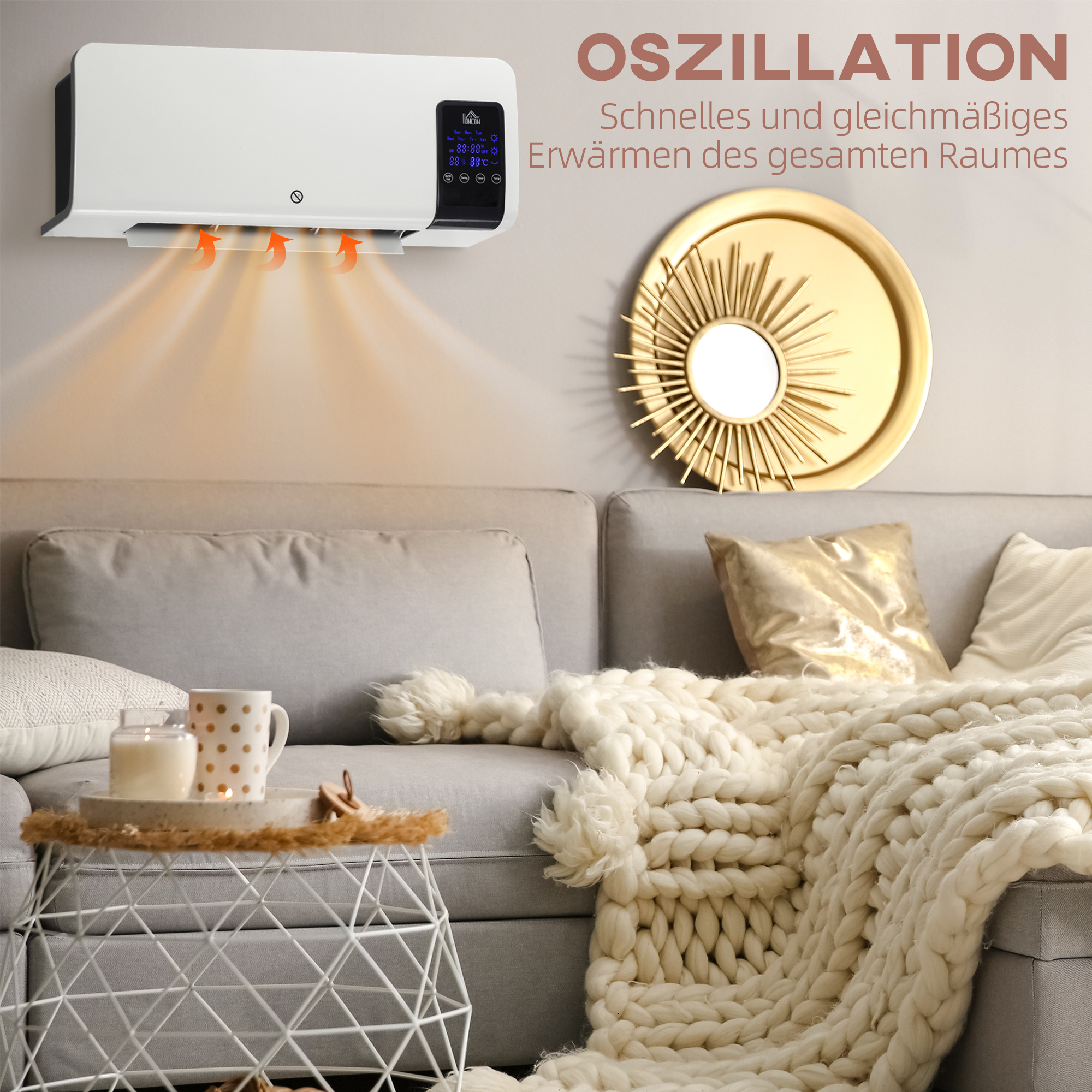 Elektro-Heizung, Wandmontage, Schwingfunktion, 2 Modi, Timer, LED-Anzeige, Weiß