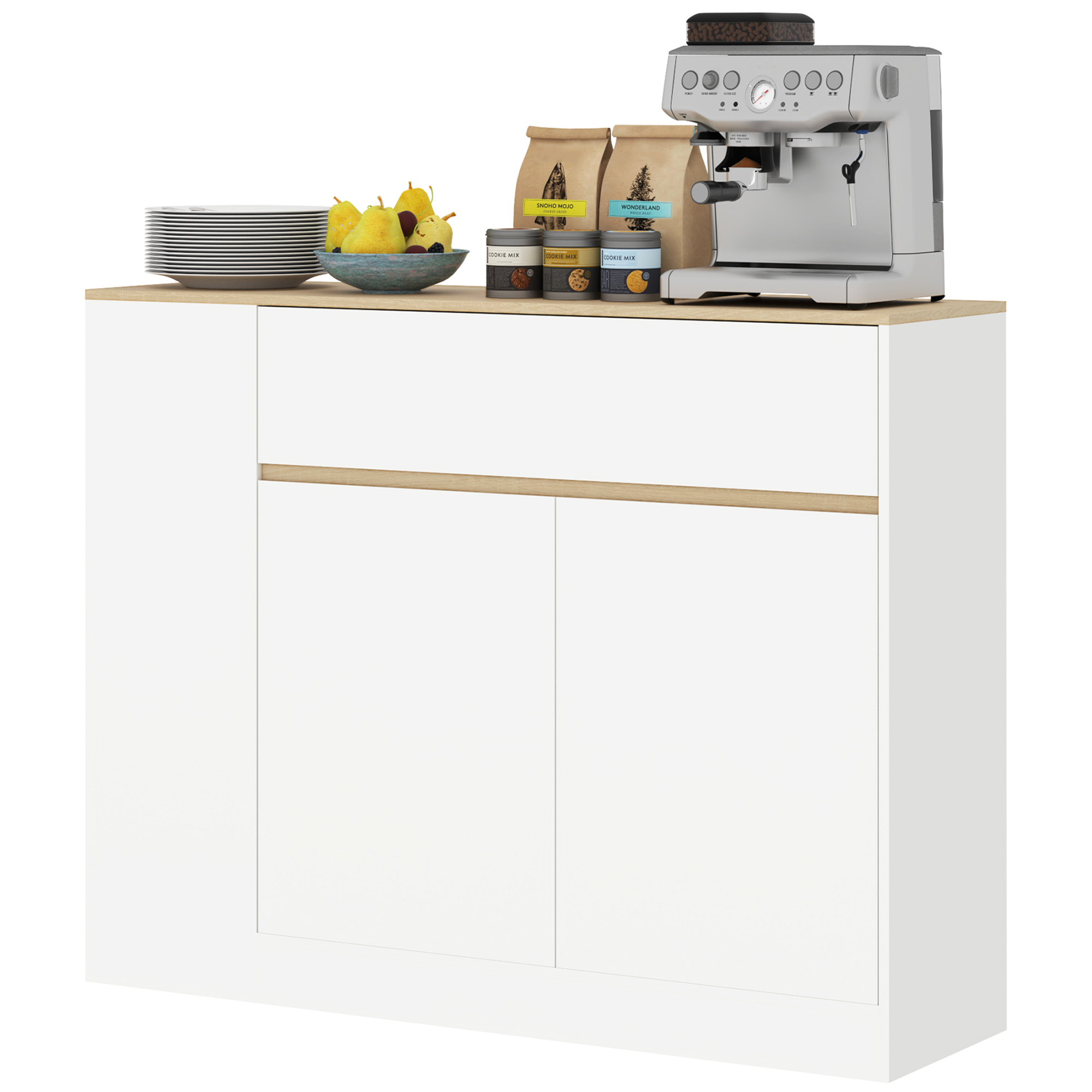 Sideboard, großes Schrankfach, 3 Ablagefächer, Schublade, 106 x 30 x 81,2cm, Weiß/Holz