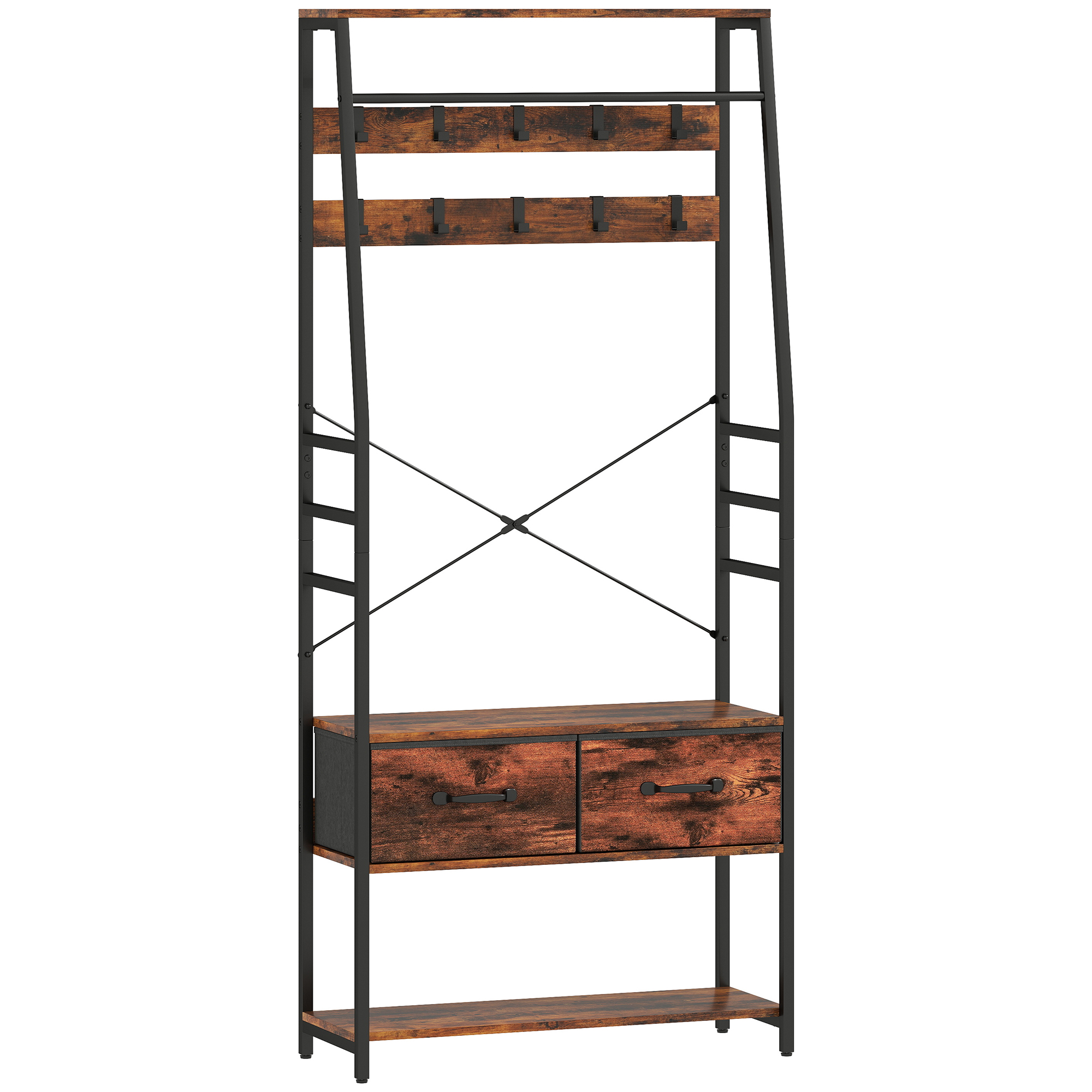 Garderobe mit Schuhregal, Mantelständer mit Sitzbank, 10 Haken, 2 Stoffschubladen, Kleiderstange, Spanplatte, Metall, Braun Garderobe mit Schuhregal, Mantelständer mit Sitzbank, 10 Haken, 2 Stoffschubladen, Kleiderstange, Spanplatte, Metall, Braun
