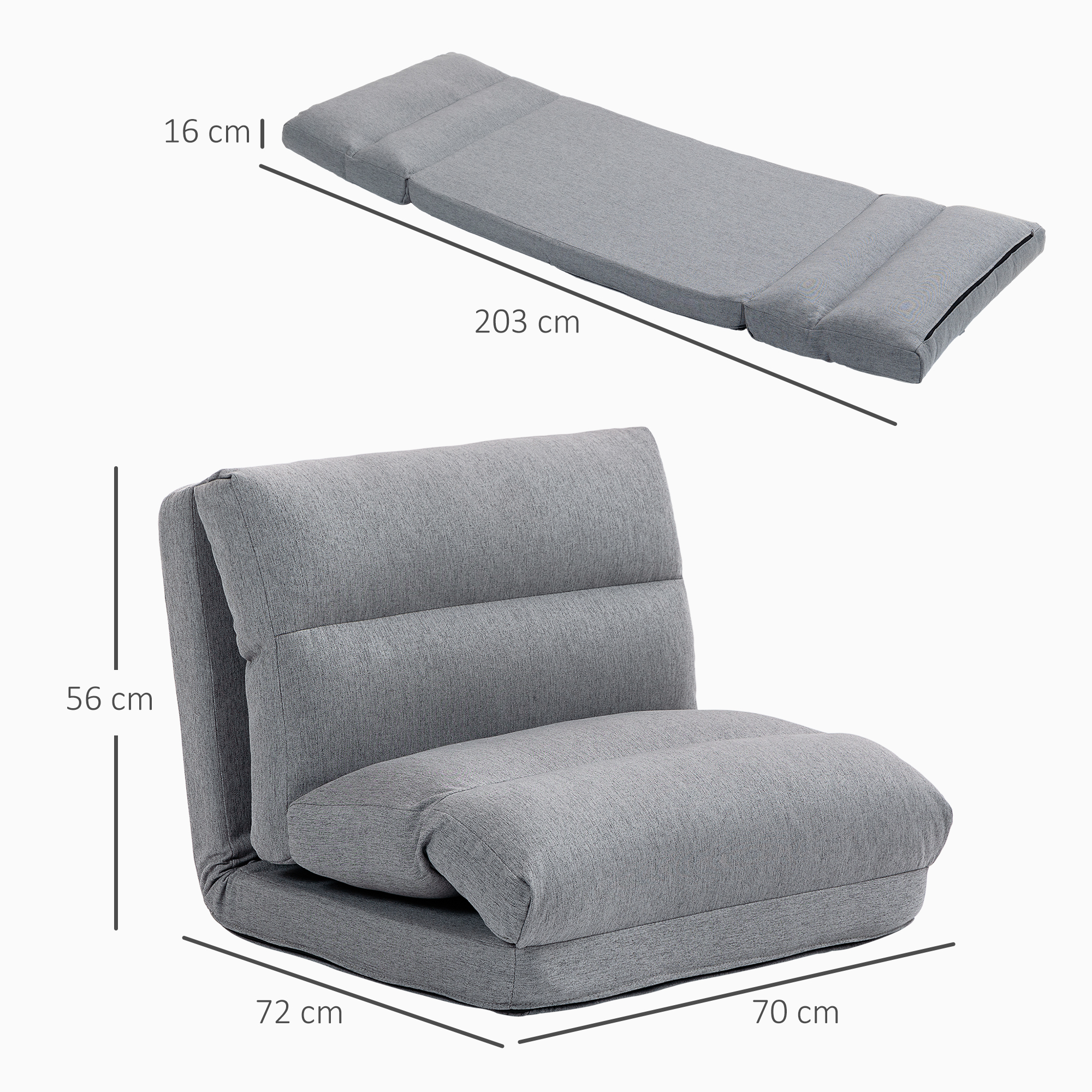 Sitzsack mit Bettfunktion, neigbare Lehne, klappbar, bis 120kg, 70 x 72 x 56 cm, Grau