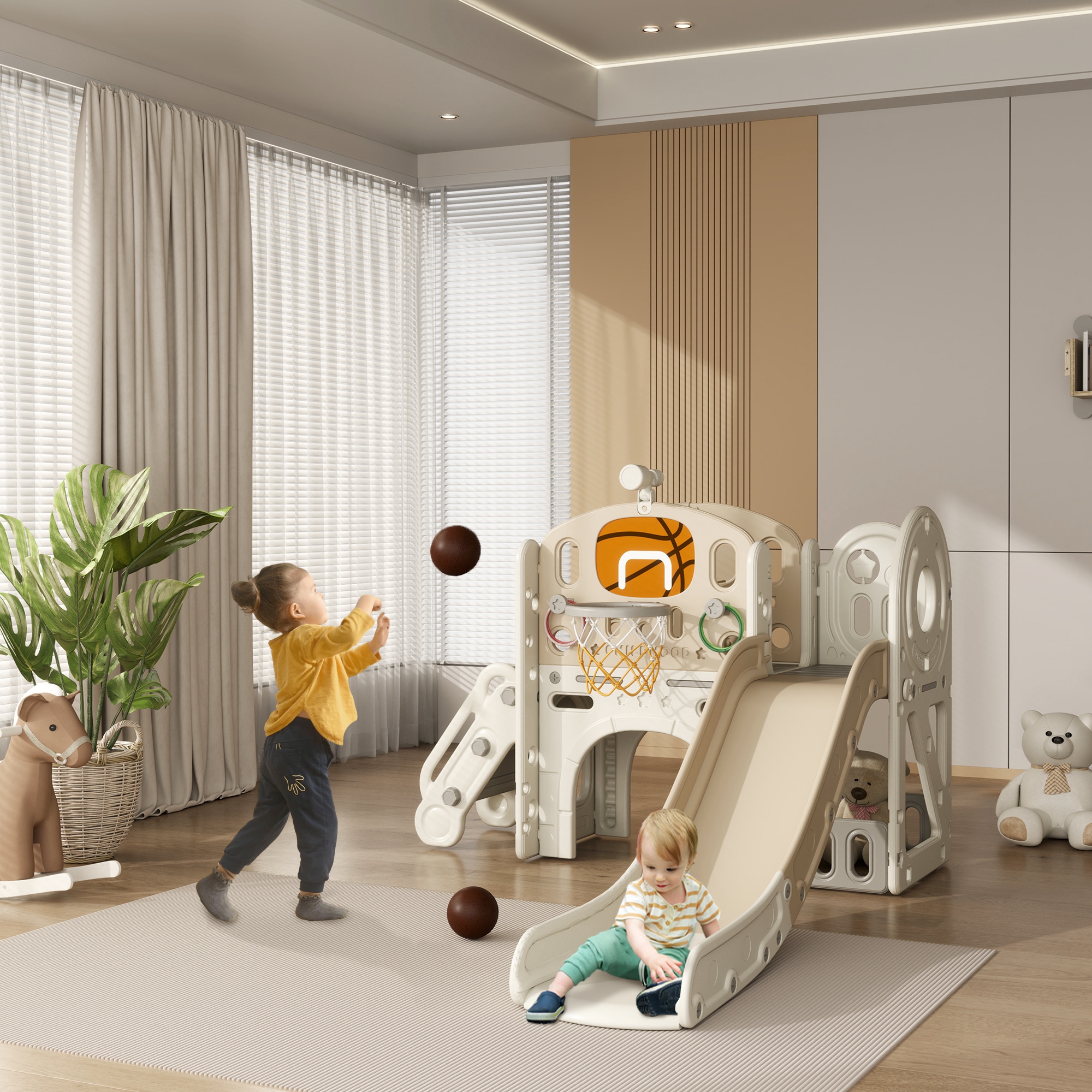 Kinder-Spielgerüst, 7-in-1 Rutsche, Indoor Spielplatz mit Stauraum und Krabbeltunnel, 186x153x111 cm, Cremeweiß