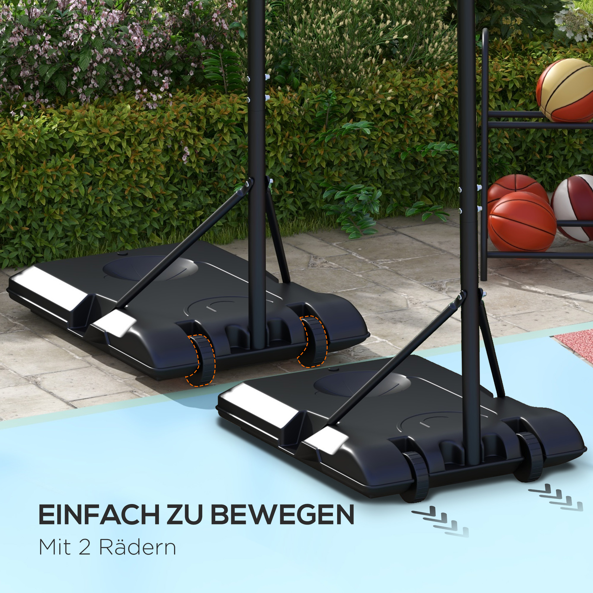 Höhenverstellbarer Basketballkorb, freistehend, mit Netz und Rädern, große Basis, 179-209 cm, Kunststoff, Stahl