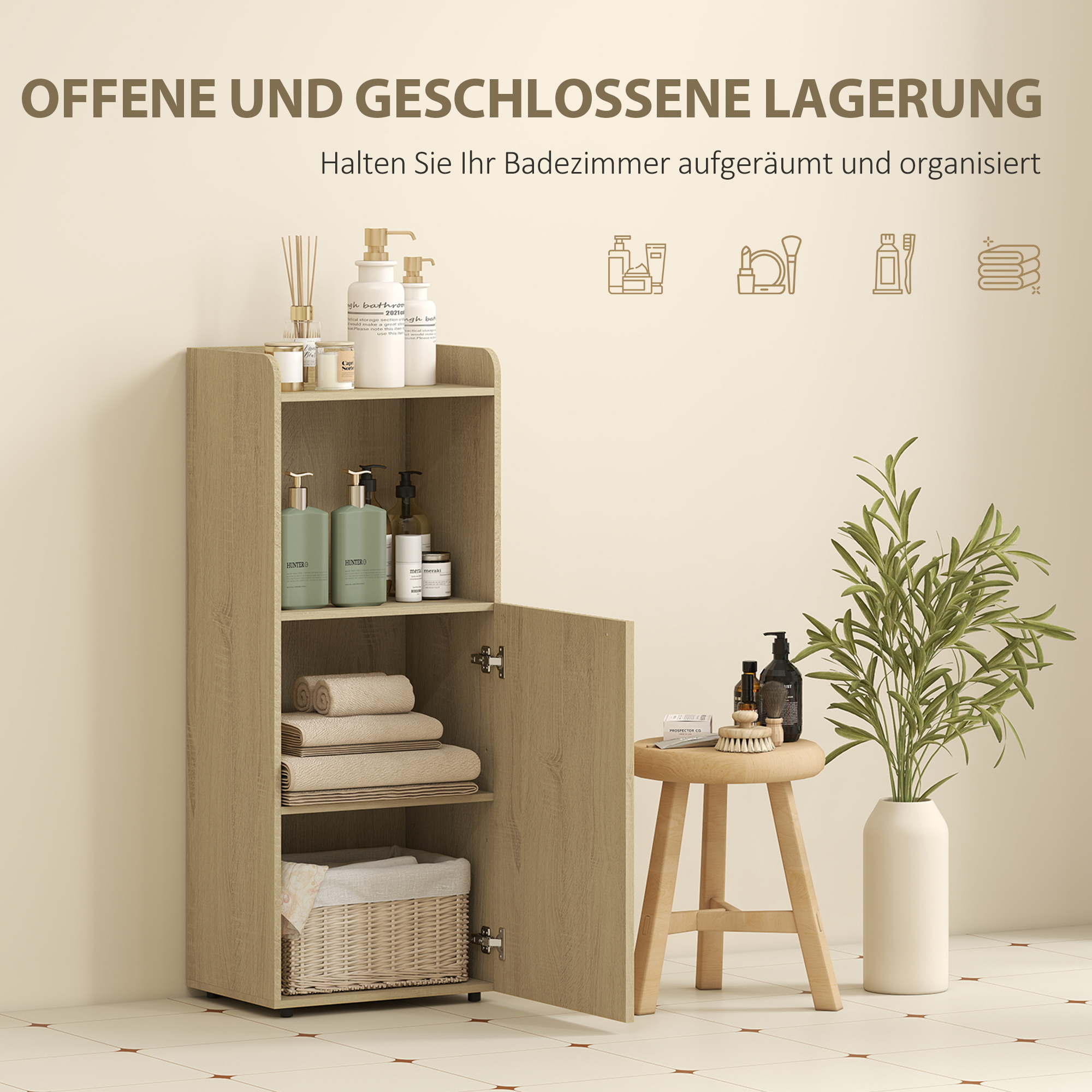 Badezimmerschrank Nischenschrank mit Schrank, offen Regal, verstellbar Regal, Badschrank, 40 x 31 x 104 cm, Gelbeiche