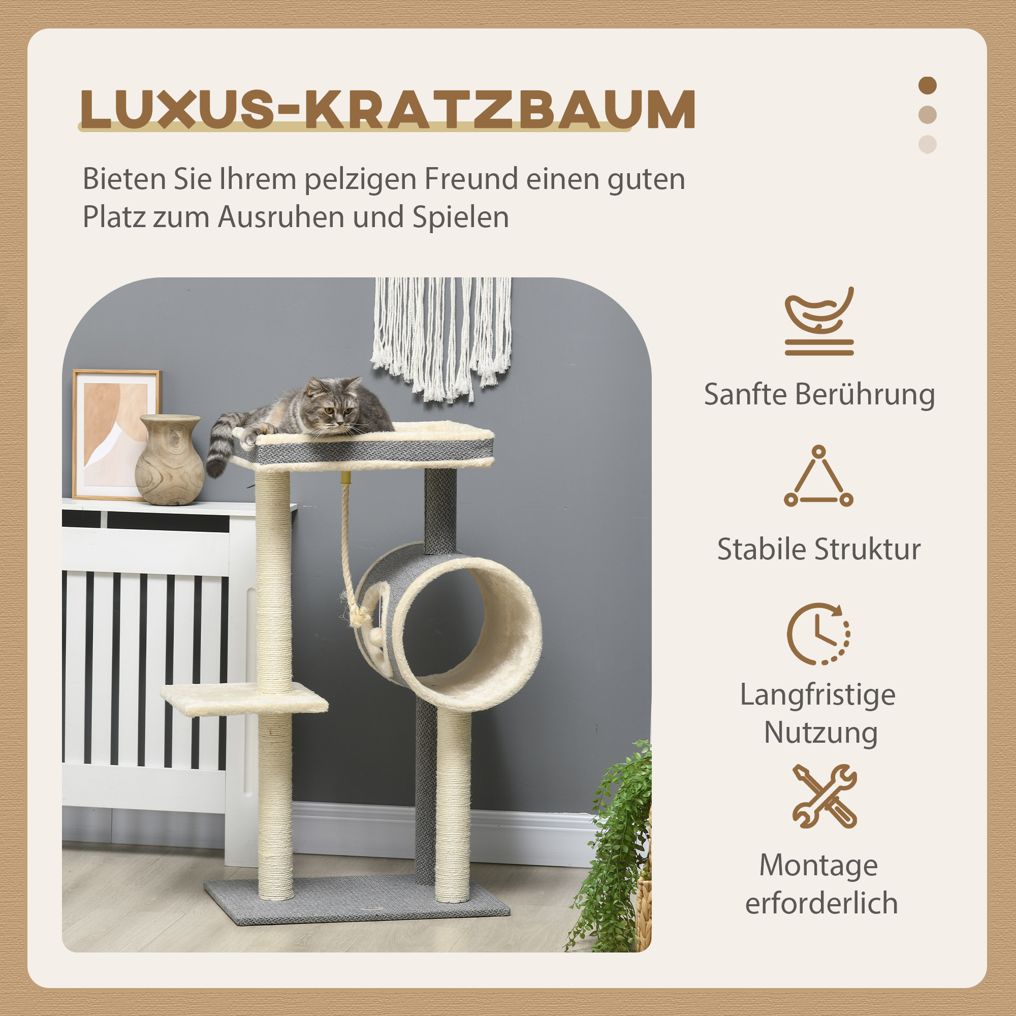 Kratzbaum Katzenbaum, 1 Katzenhöhle, 2 Liegeflächen, 60 cm x 40 cm x 104 cm, Grau + Natur