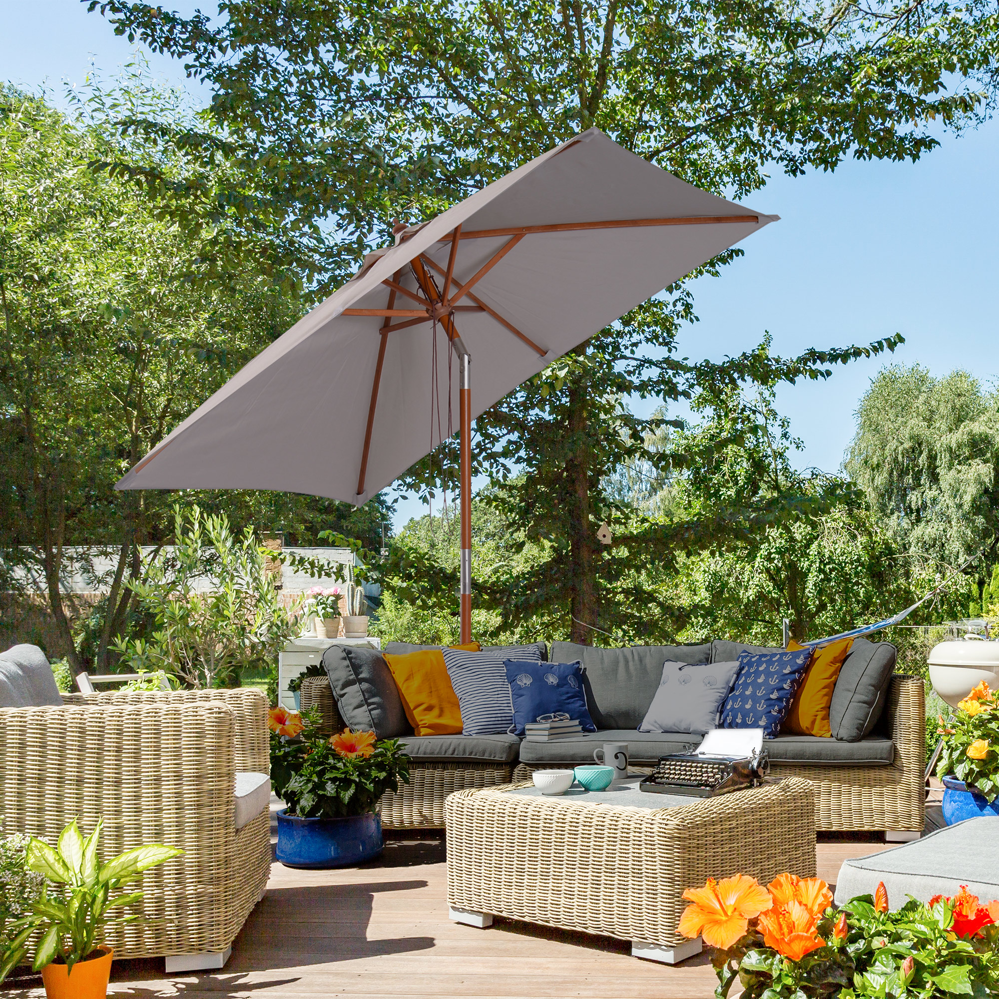 Sonnenschirm 200 x 150 x 235 cm Knickbarer Gartenschirm 3-stufig einstellbar rechteckig Strandschirm wasserabweisend und UV-beständig für Strand Balkon Terrasse Garten Grau