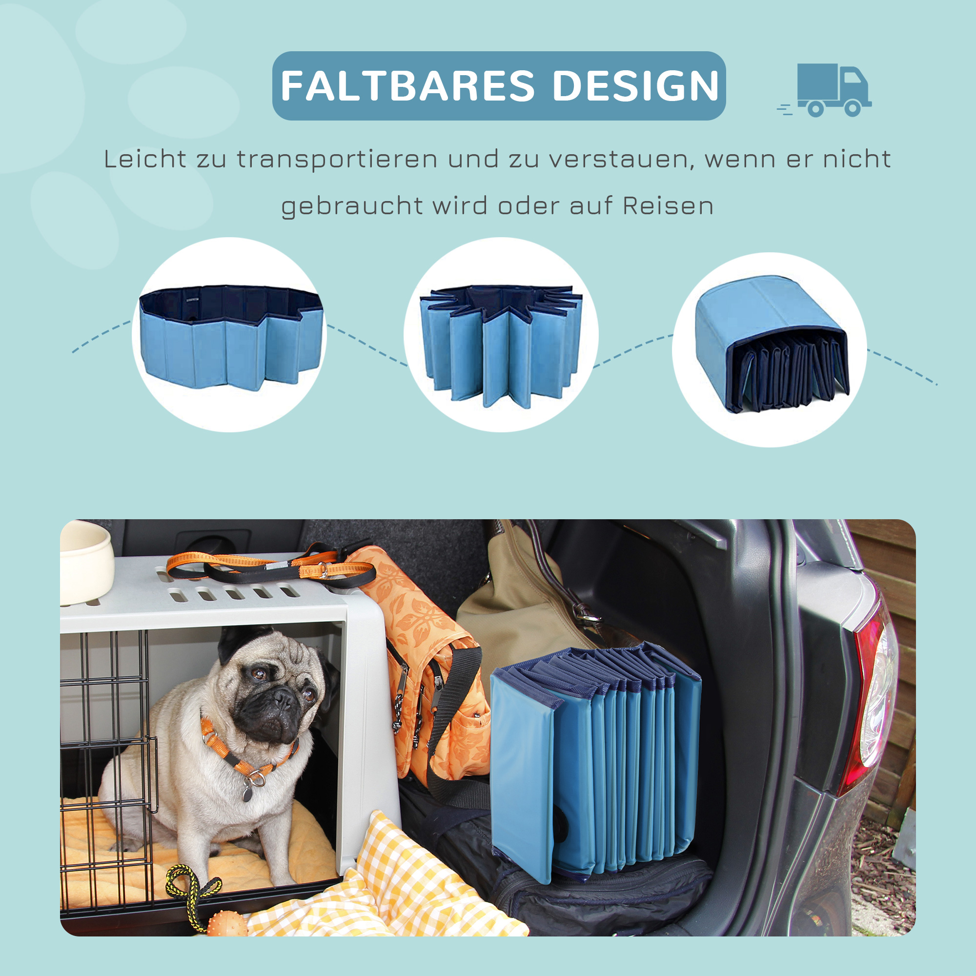 Hundebadewanne faltbar Badewanne Hundepool Plantschbecken Swimmingpool Wasserbecken für Hunde und Katzen Schwimmbecken Kunststoff+Holz Blau Ø140 x H30 cm