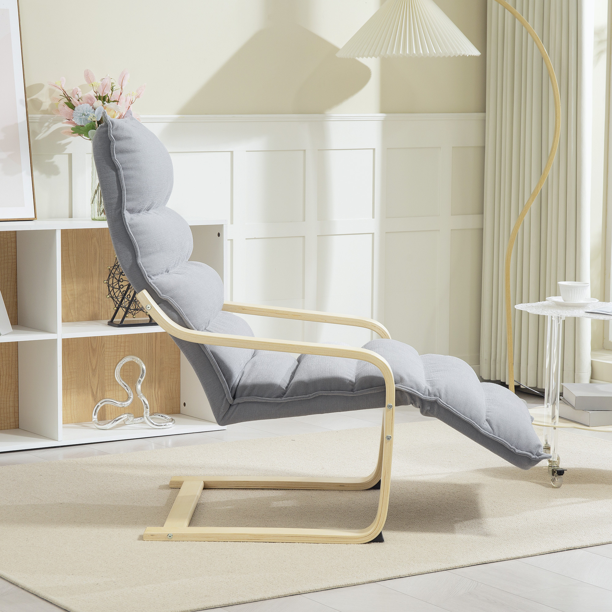 Lounge-Sessel aus Birkenholz, Polstersessel mit verstellbarer Fußstütze, Moderner Armlehnstuhl, Hellgrau