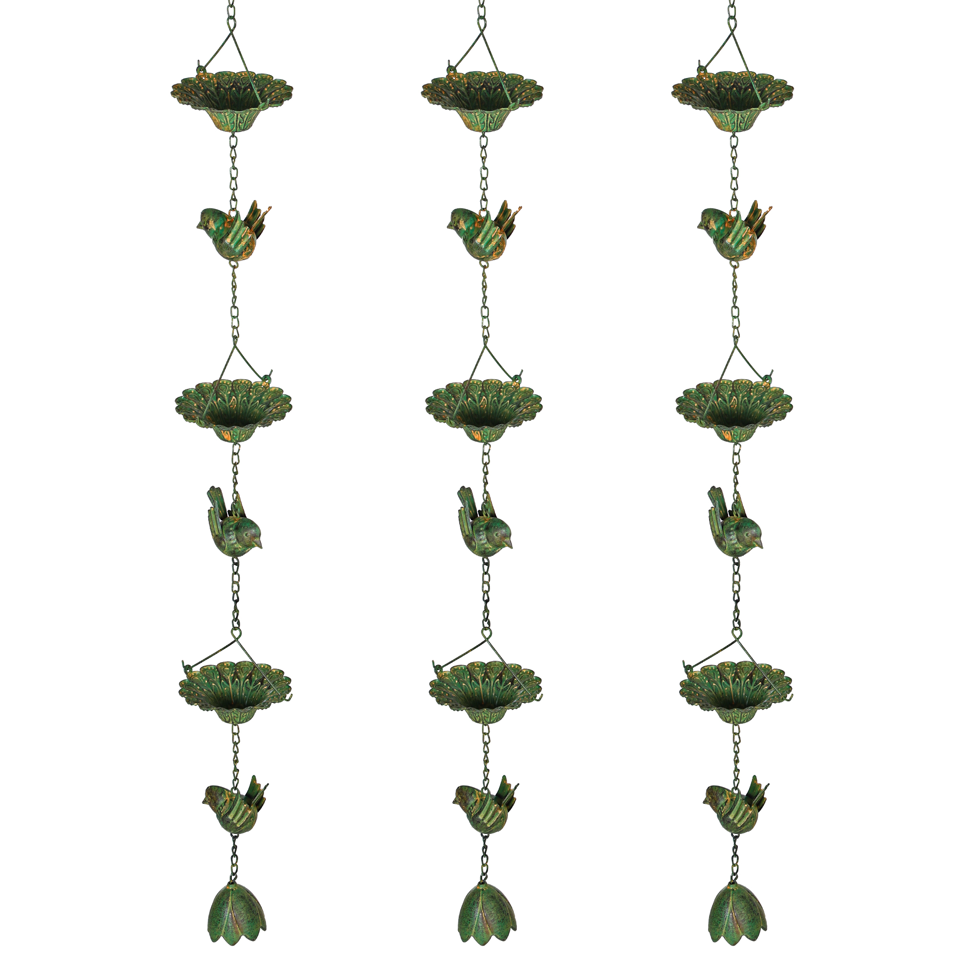 3er Set Regenkette 123cm Regenablaufkette aus Metall Ablaufkette mit befestigtem Aufhänger Vögeln Bell Grün