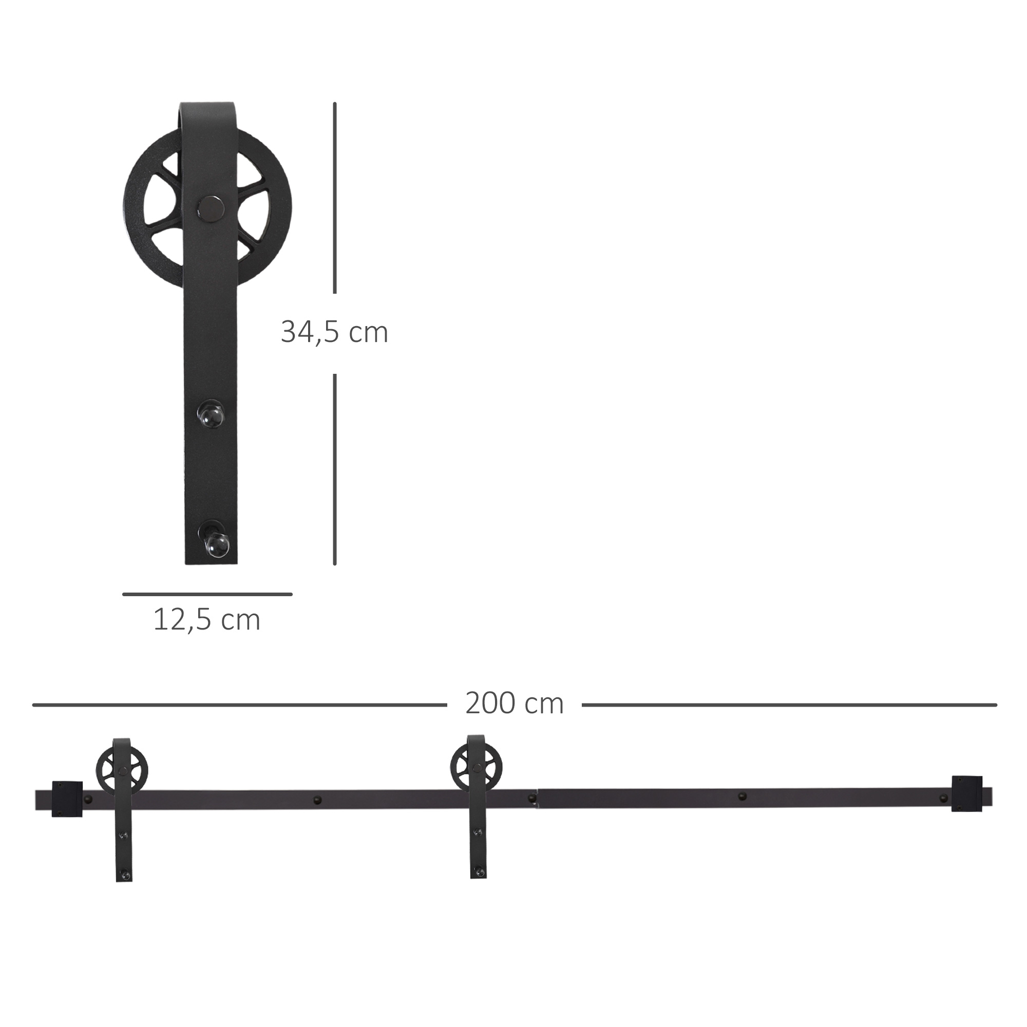 Gleitschienen-Bausatz für Schiebetür, rustikales Design, Karbonstahl, 200x4x0,6 cm, bis 90 kg, Schwarz