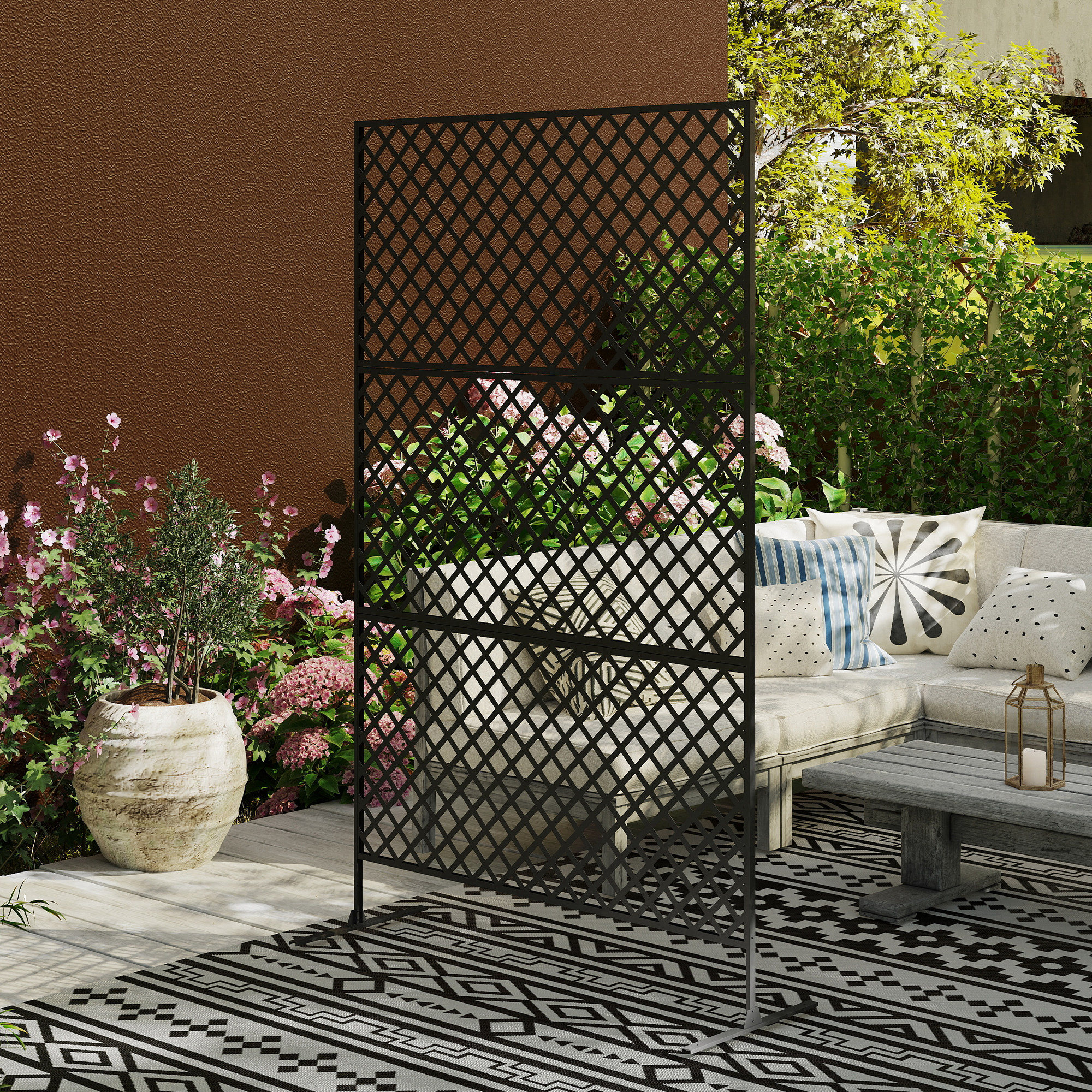 Outdoor-Raumteiler, Metall-Wandschirm für Terrasse, Veranda, Garten, Freistehendes Rankengitter, Stahl, Schwarz