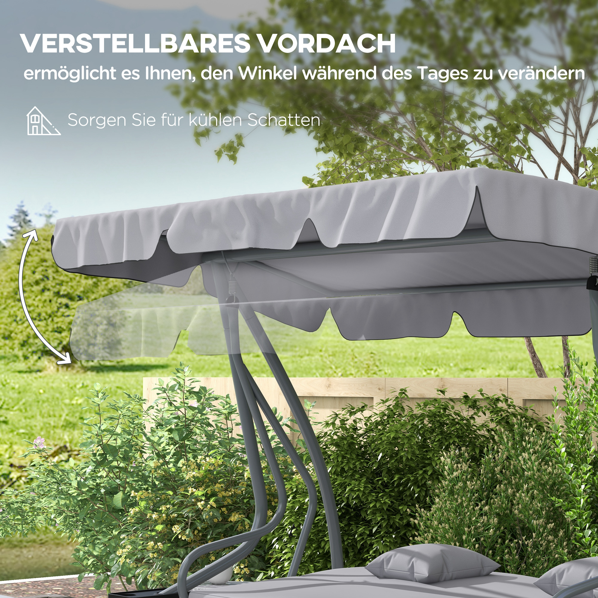 2-in-1 Hollywoodschaukel mit Liegefunktion, verstellbares Dach, bis 340 kg, Stahl, 200x120x164 cm, Grau