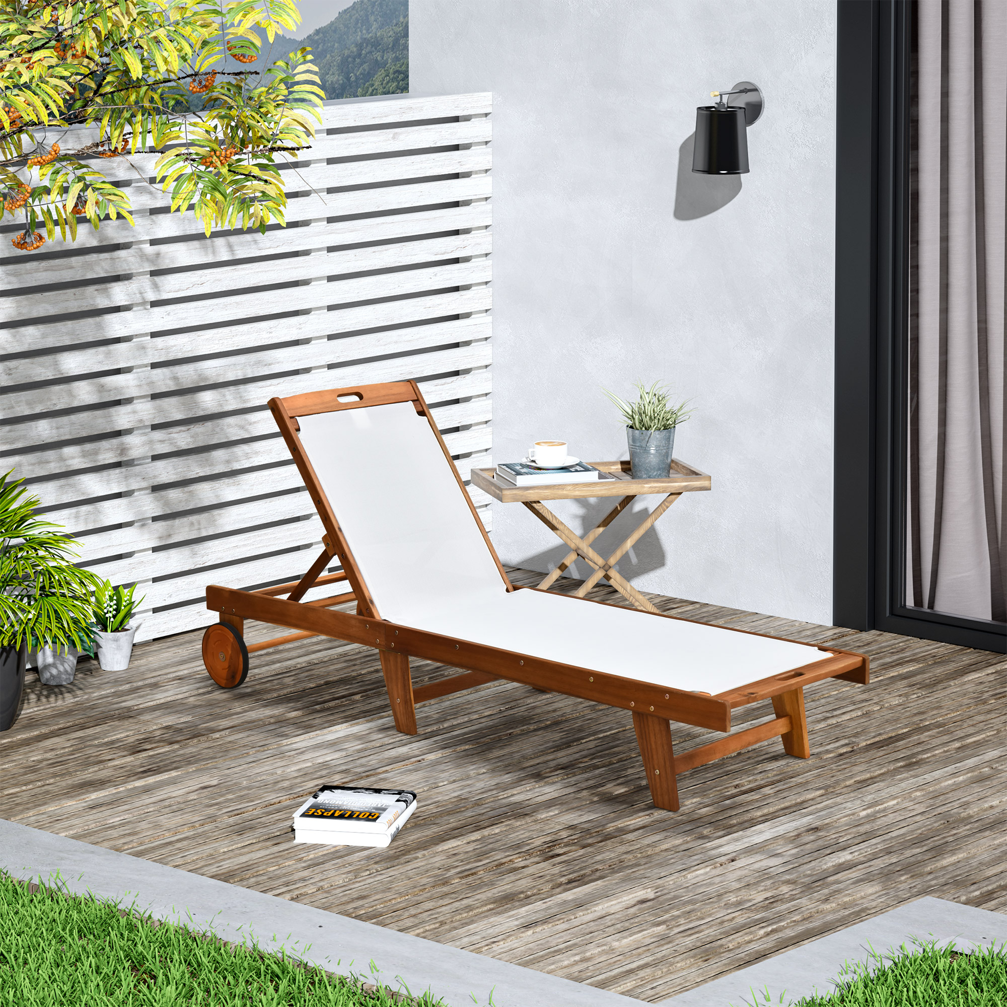Sonnenliege Relaxliege Gartenliege Gartenmöbel verstellbar Akazienholz Textil Natur+Weiß 198 x 55 x 30-88,5 cm
