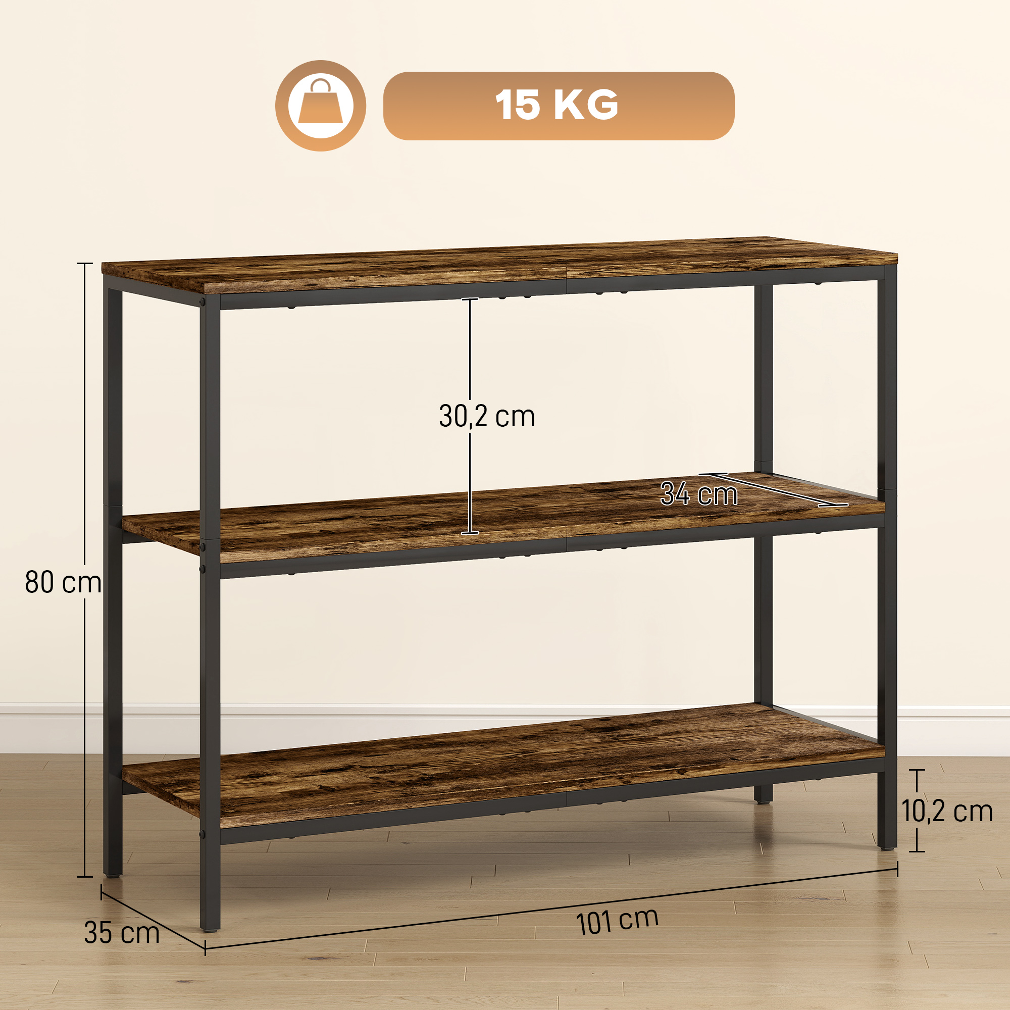 Konsolentisch, Beistelltisch mit 3-stufigem Regal, Spanplatte, Metall, Hellbraun