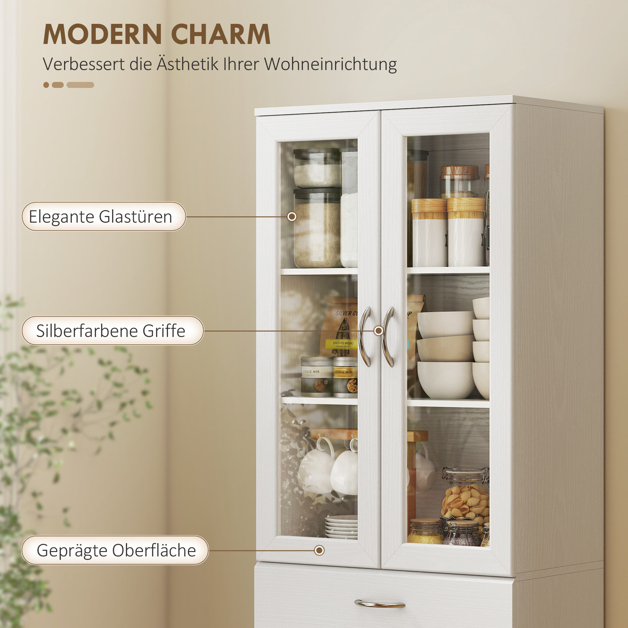 Küchenschrank Buffetschrank mit verstellbar Regal Schublade 2 Schrank Hochschrank mit Glastür 60 x 35 x 180 cm Weiß