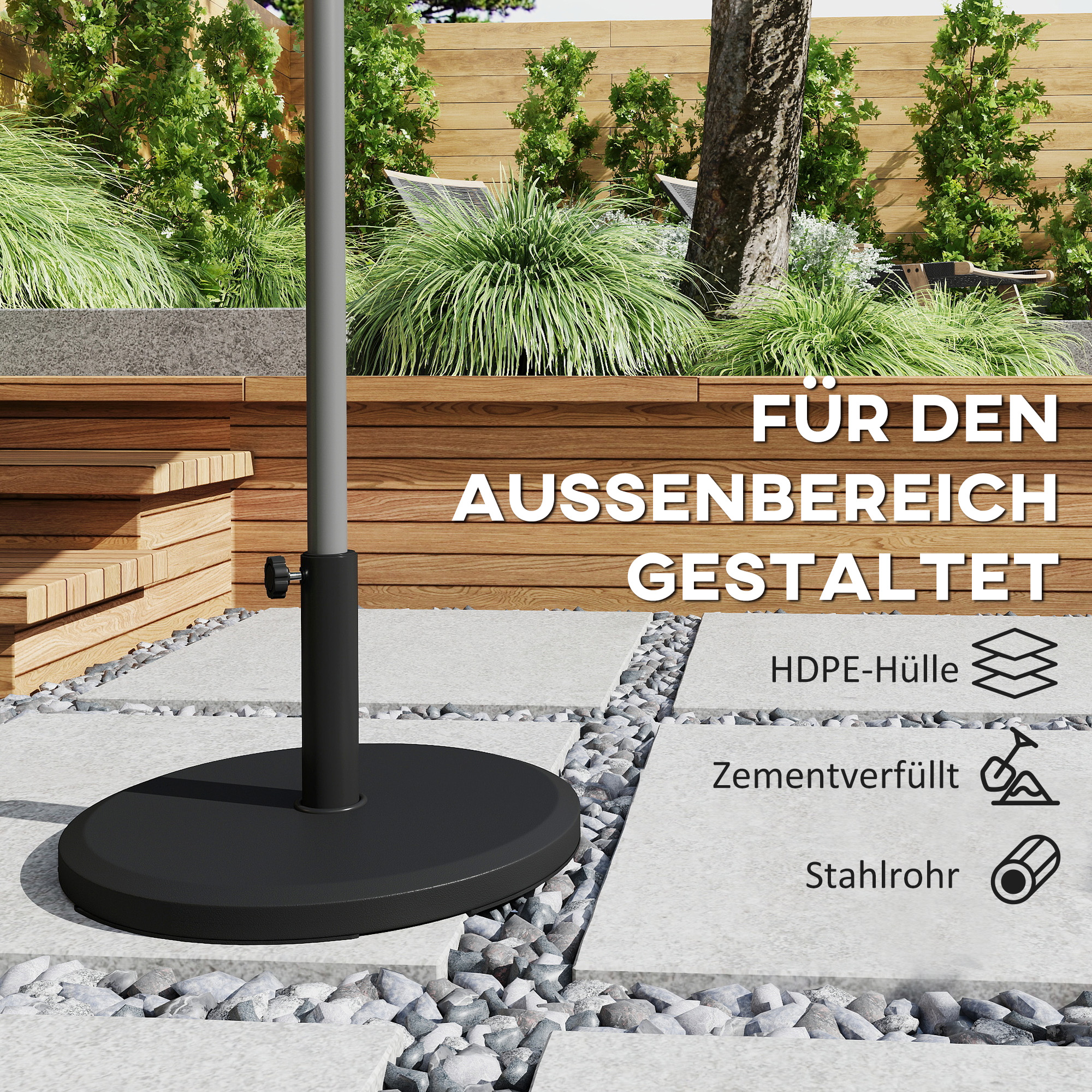 Sonnenschirmständer aus Zement 13kg Rund Schirmständer für Sonnenschirm 34mm/38mm/48mm Rohrdurchmesser, Schwarz