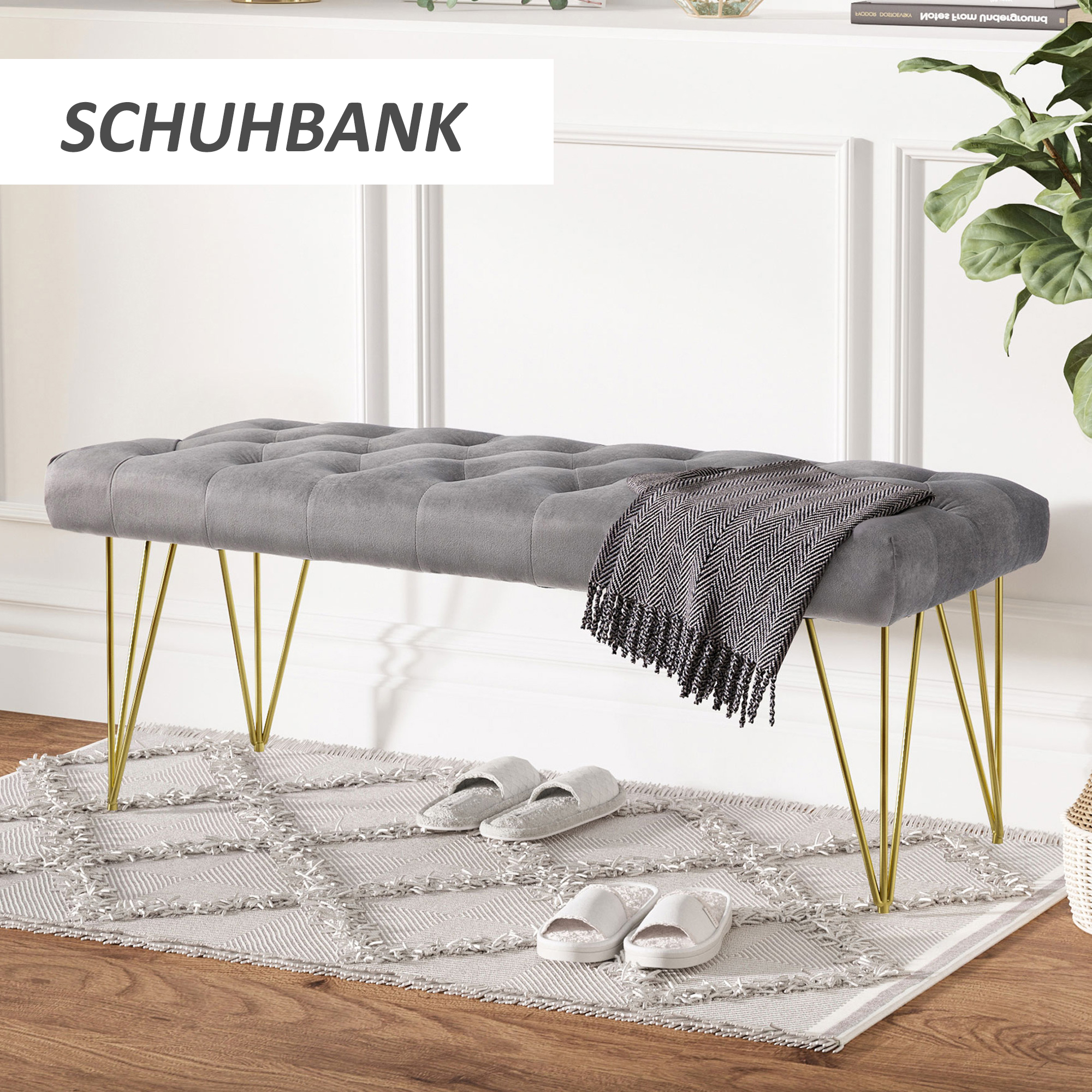 Sitzbank Polsterbank Pianobank Schuhbank mit Samtoptik Bettbank Klavierbank für Schlafzimmer, Wohnzimmer, Flur, Metall Grau 116 x 44,5 x 49 cm
