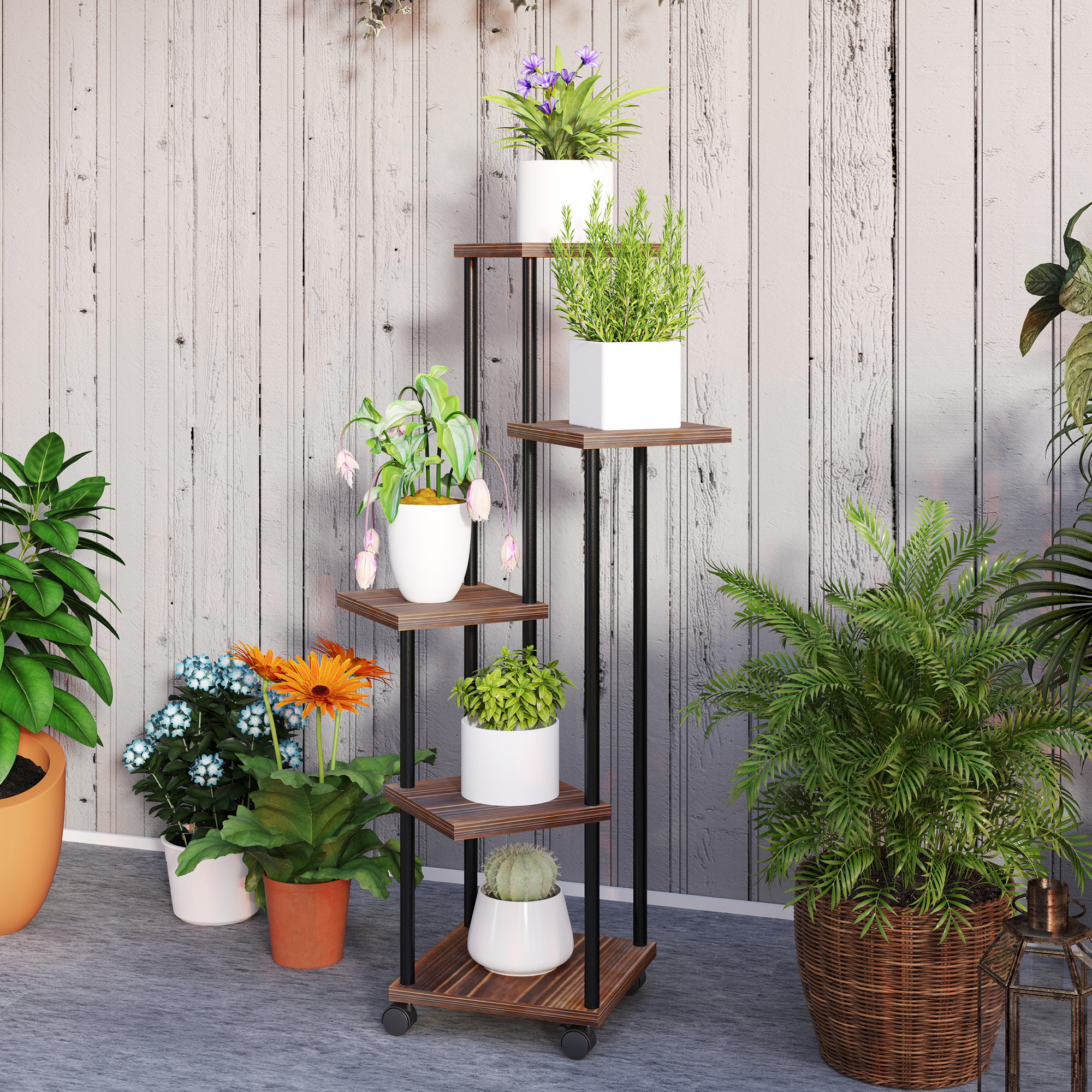 Blumenständer mit 5 Ebenen, 5-stufiger Pflanzenständer, versetztes Design, leicht zu verschieben, Holz, Stahl