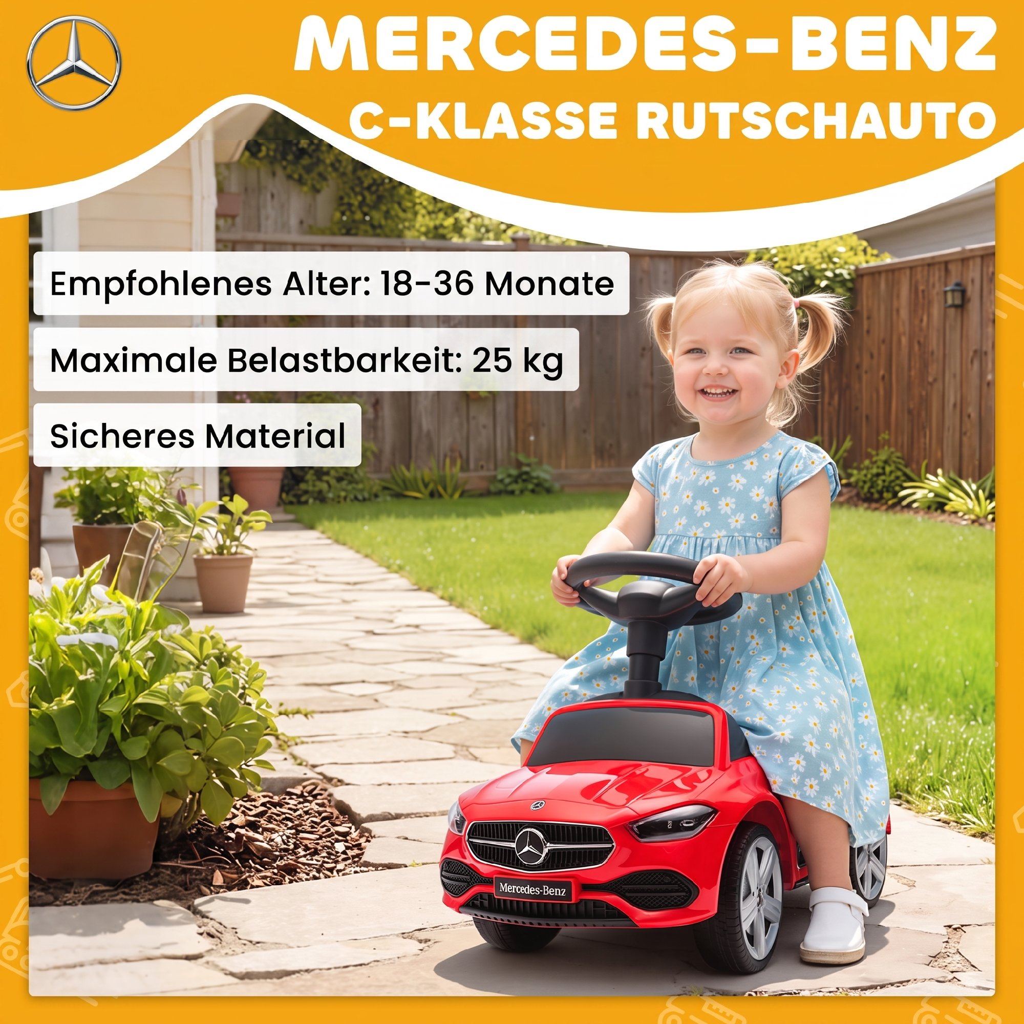 Mercedes-Benz C-Class Rutschauto mit Hupe, Motorgeräuschen, Stauraum, für Kinder 18-36 Monate, Rot
