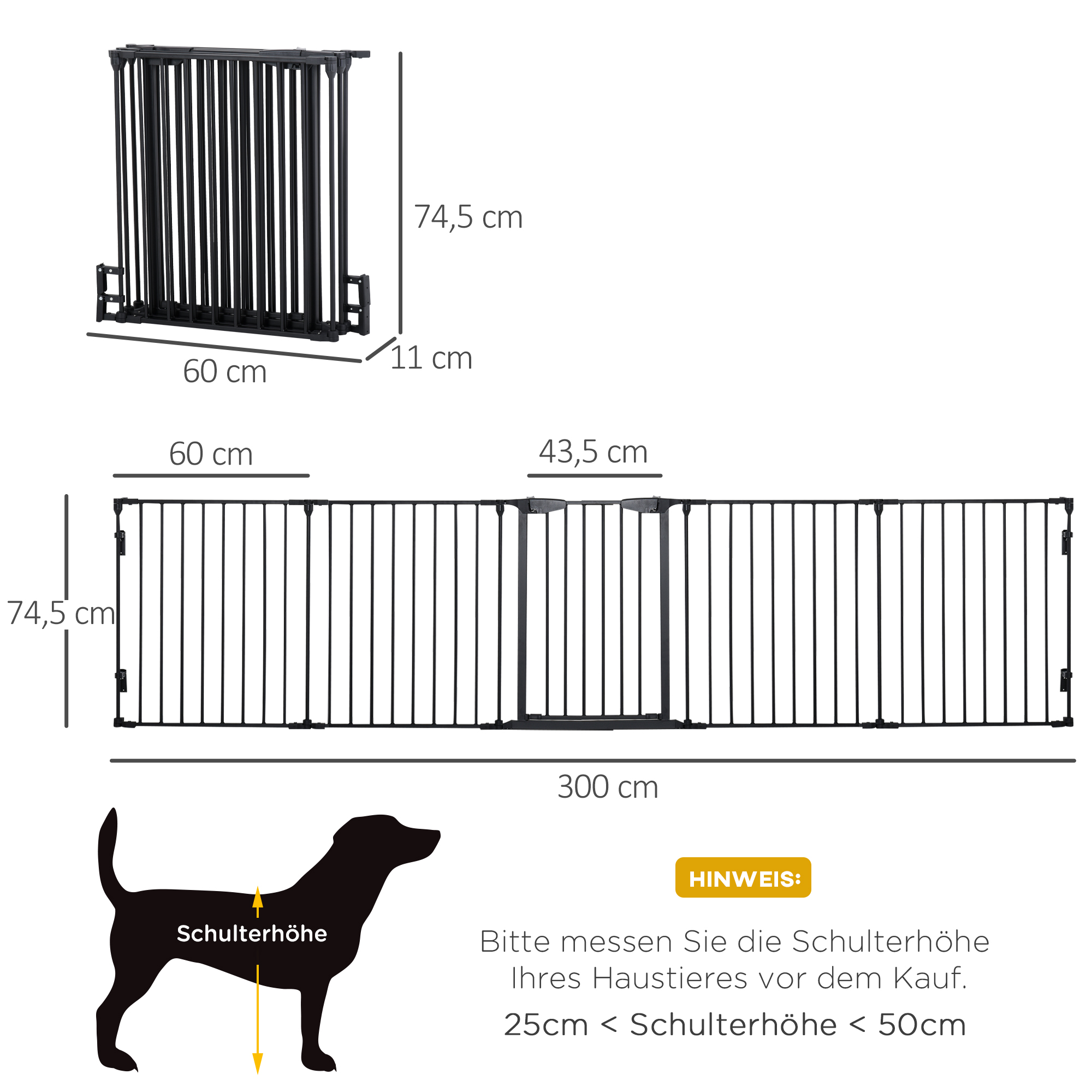 2-in-1 Absperrgitter, Haustier-Laufstall, Sicherheitstor, faltbar, Metall, 300 x 3 x 74,5 cm, Schwarz