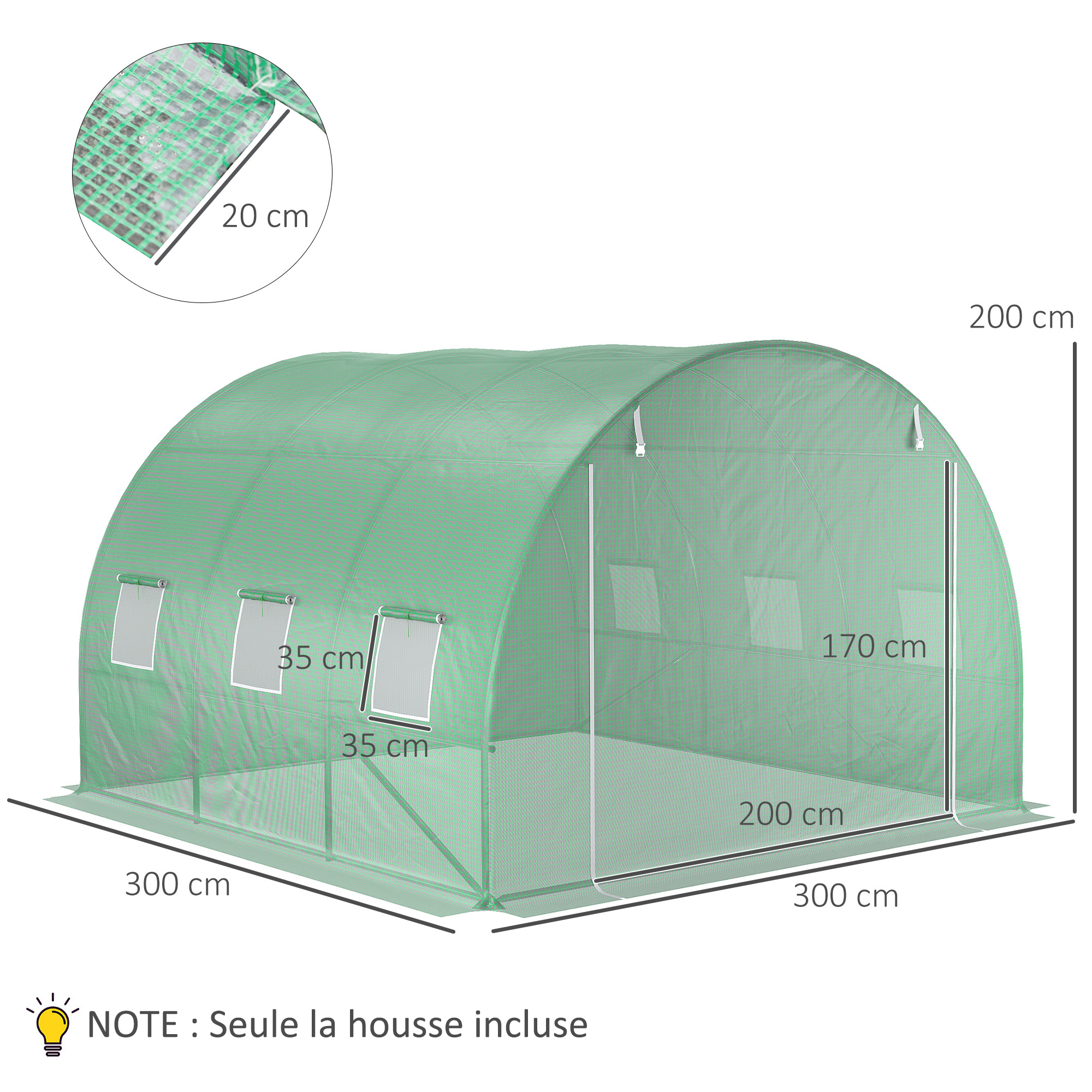 Ersatzfolie für 3x3x2 m Gewächshaus, robust, reißfest, 6 Fenster, Tür, Grün