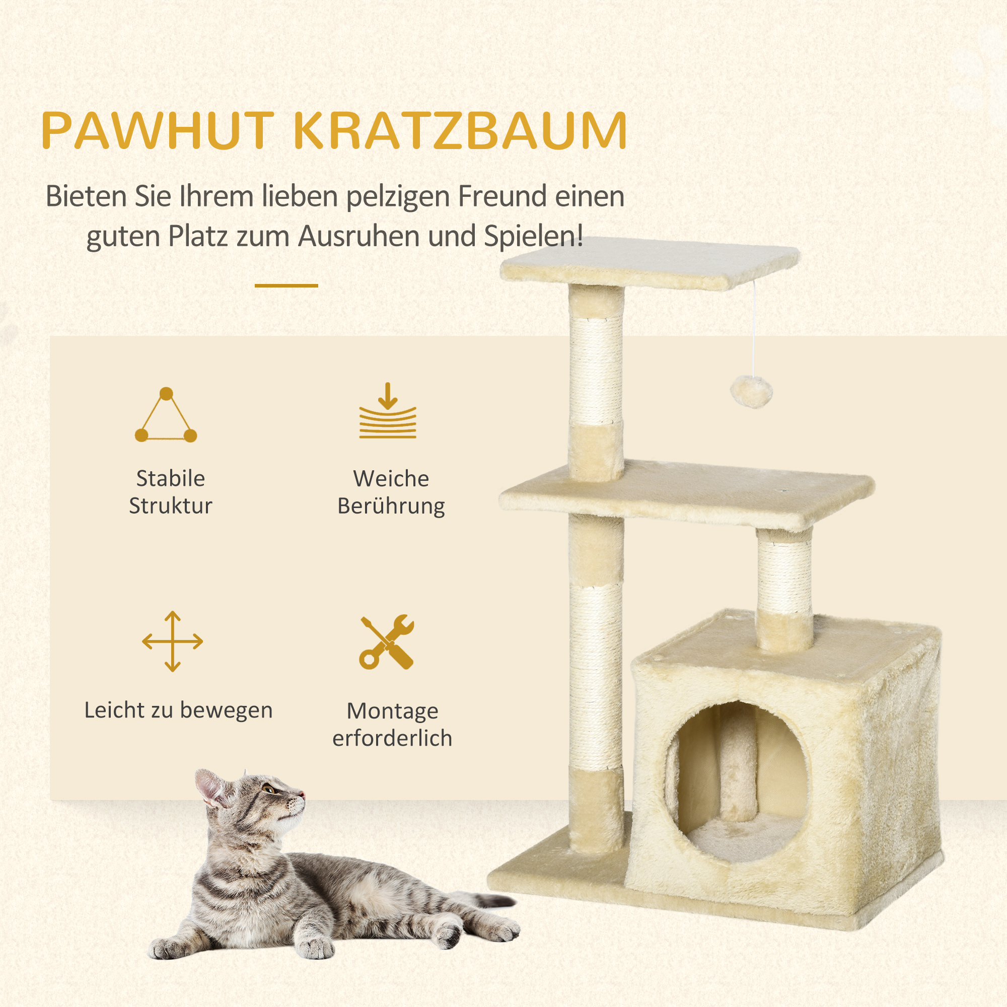 Kratzbaum 81,5 cm Katzenbaum mit Katzenhöhle, Plattformen, Katzenkratzbaum mit Sisal-Kratzsäulen, Spielball, für Katzen bis 4,5 kg, Beige