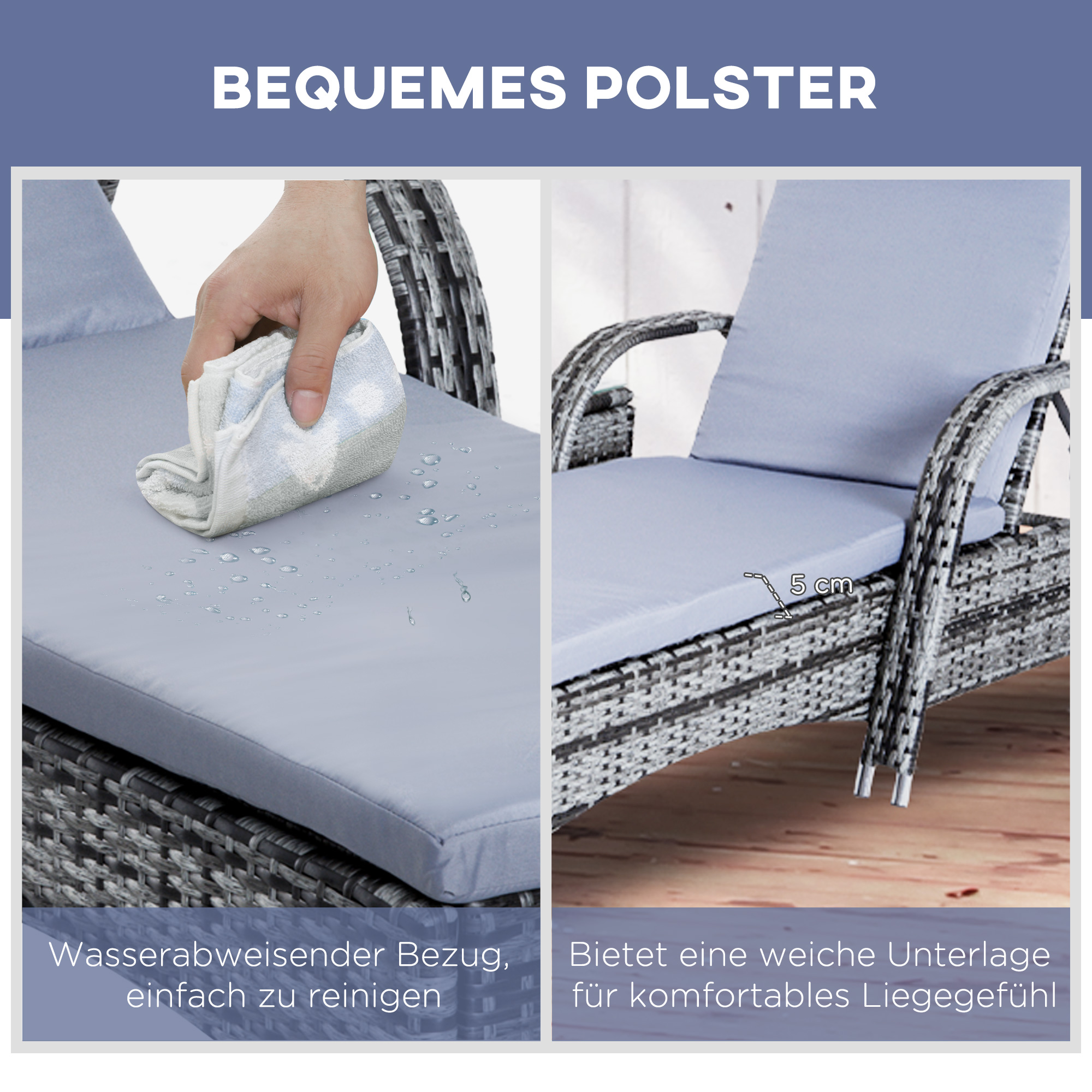 Sonnenliege Gartenliege Tisch 3er-Set Gartenmöbel, Polyrattan+Metall Grau