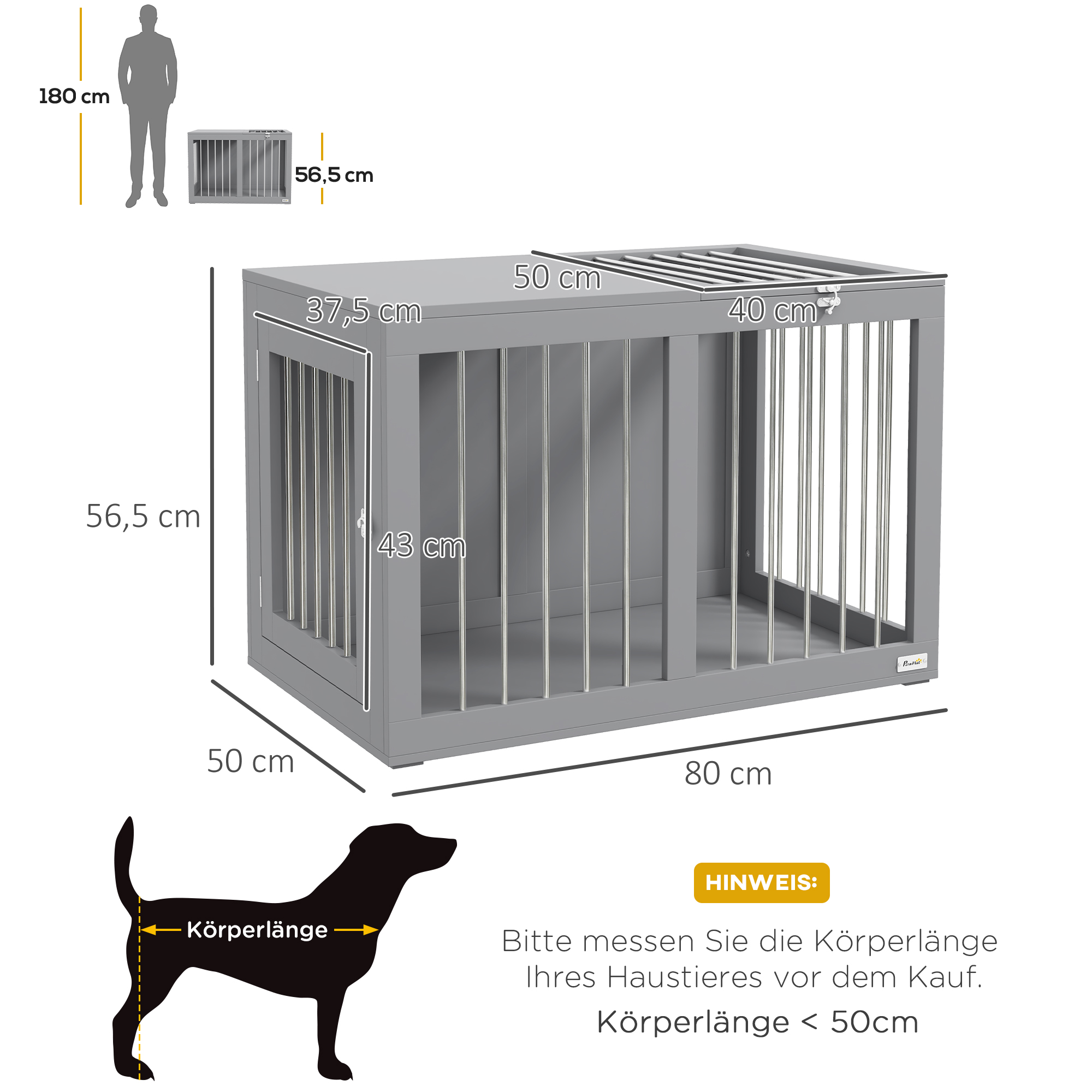 Hundekäfig Hundebox Hundetransportbox,  2 Türen, verriegelbar, Stahlgitter, 80 cm x 50 cm x 56,5 cm, Grau