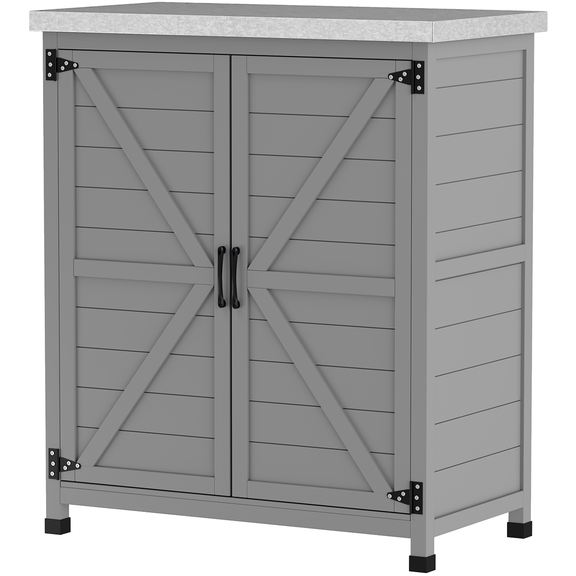 Gartenschrank, Außenschrank mit Arbeitsfläche, Werkzeugschrank, Massivholz, Stahl, 79B x 43T x 92H cm, Grau