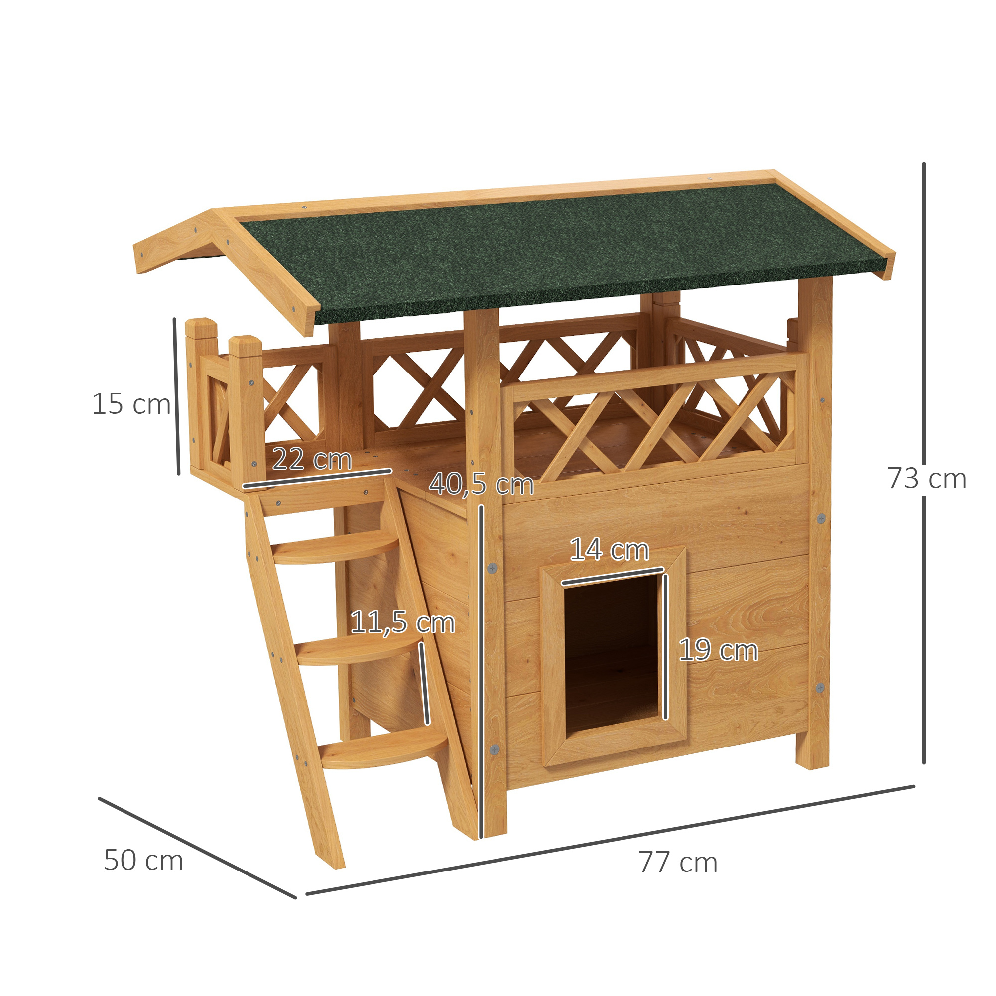 Katzenhaus Katzenhütte Haustierhütte, Asphaltdach, 2 Ebenen, 1 Leiter, Natur + Grün