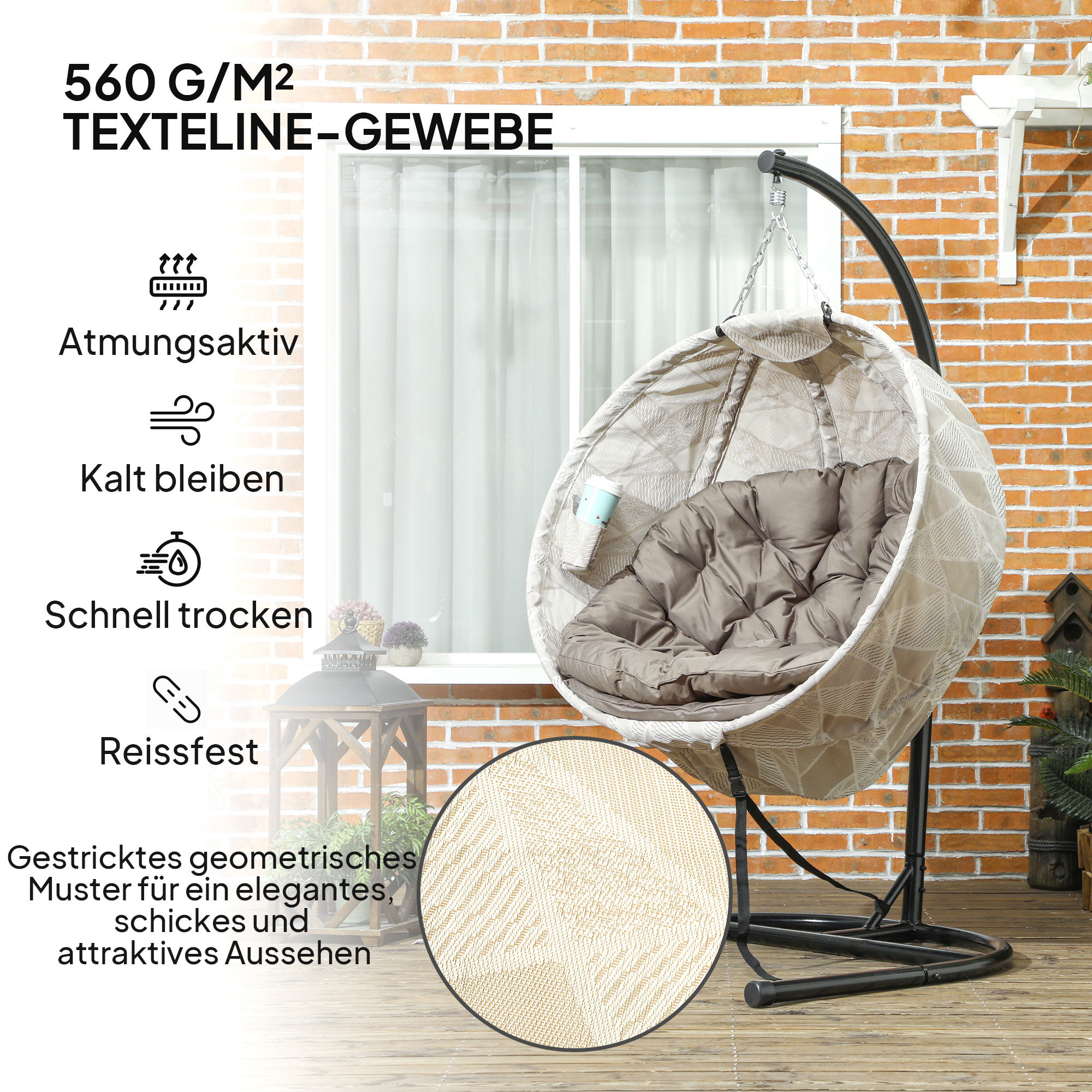 Eiförmiger Hängekorb, Hängesessel mit Schaukelfunktion und faltbarem Korb, Gartenstuhl, Becherhalter, Sandbraun