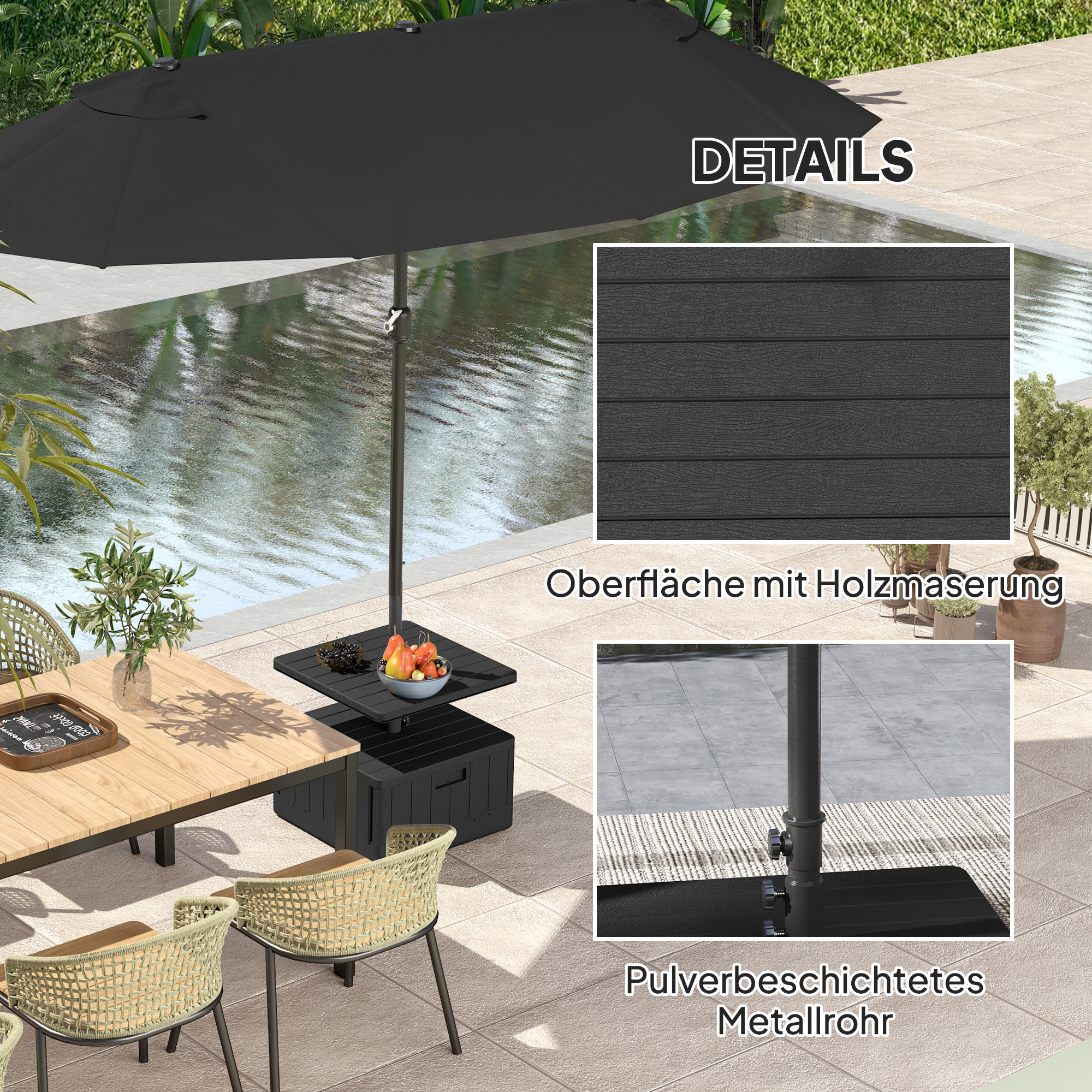 Terrassenschirmständer, Gartenschirmständer mit Tischplatte, Terrassenschirmbasis, Kunststoff, Schwarz